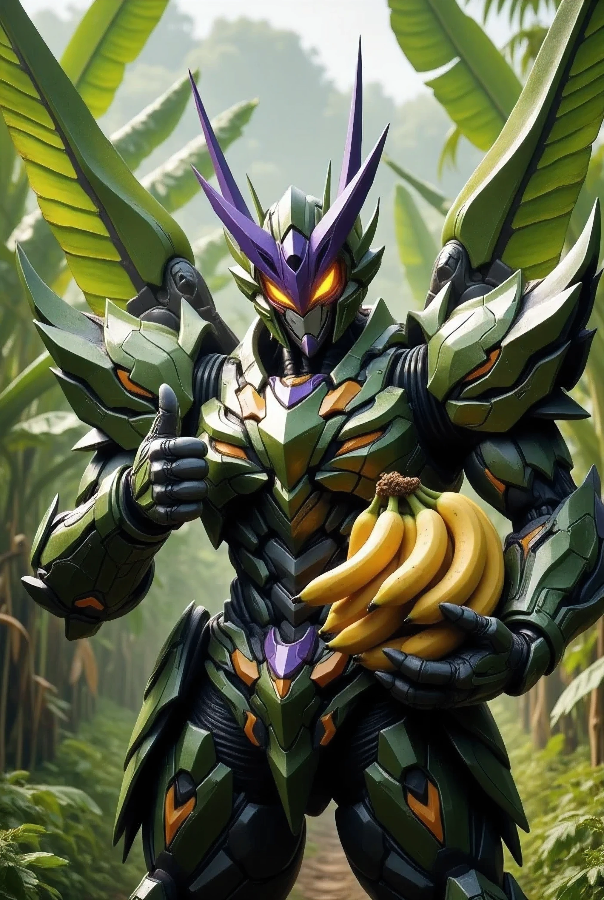 Kamenrider brings bananas,give a thumbs up,4 wide wings of green color,purple antenna,magic yellow fire eyes,8k, Textured Skin, Banana orchard background