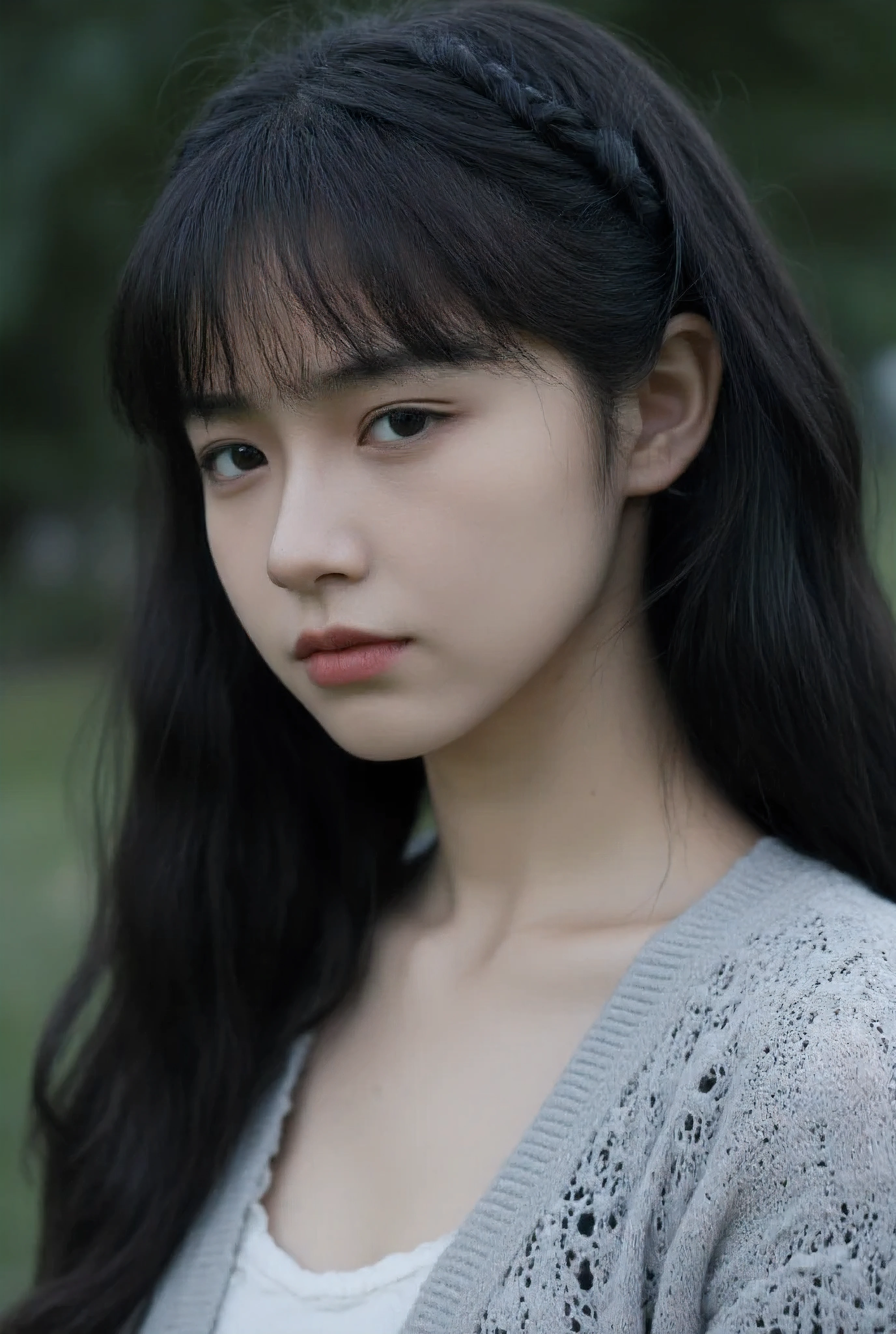 "Close-up view of a young Asian girl with a sophisticated and intricately styled hairstyle. Her long, flowing hair is adorned with delicate, interwoven braids that crown the top of her head, blending seamlessly into loose, voluminous waves cascading down her shoulders. Two elegant 'whisker-like' strands softly frame her face, adding a charming and distinctive feature. Her bangs are airy, layered, and slightly parted, giving a soft, ethereal look. The overall hairstyle combines complexity and elegance, with subtle highlights enhancing the texture and detail. She wears a soft, light gray cardigan layered over a simple white blouse, the cardigan's texture clearly visible. The natural light enhances her radiant skin and intricate hairstyle, while the blurred background focuses all attention on her timeless beauty and graceful appearance."
