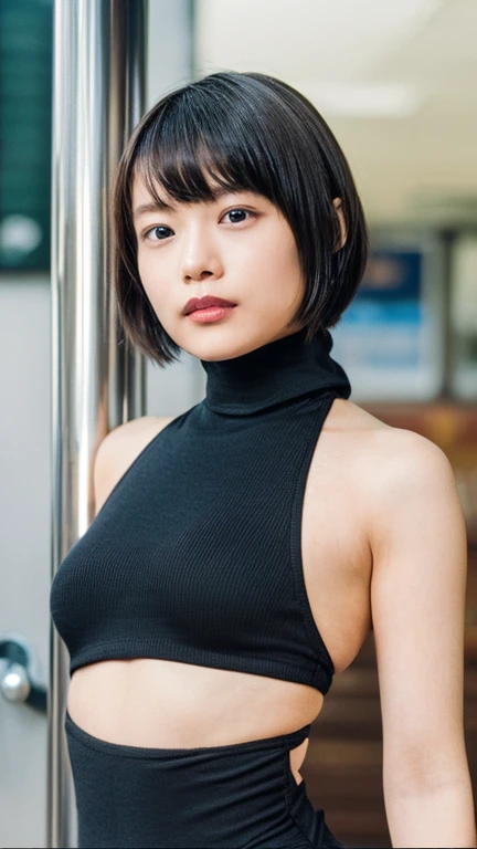 a close up of a woman in a black bodysuit posing for a picture, superflat, transgressive art, inspired by Otake Chikuha, kaki body suit, ayami koj ima, high level body suit, japanese model, inio asano