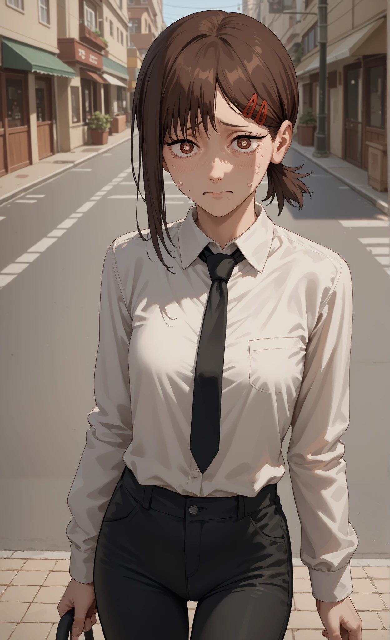 ((kobeni higashiyama)), ((chainsaw man)), ((masterpiece)), ((high resolution)), ((solo portrait)), {(attractive figure), (slim body), (face moles), (short brown hair), (cute brown eyes), (small white pupils), (nervous look)}, {(white button-up shirt), (black neck tie), (long sleeves), (tight black pants)}, {(standing), (looking at viewer)}, ((street)), ((sidewalk))