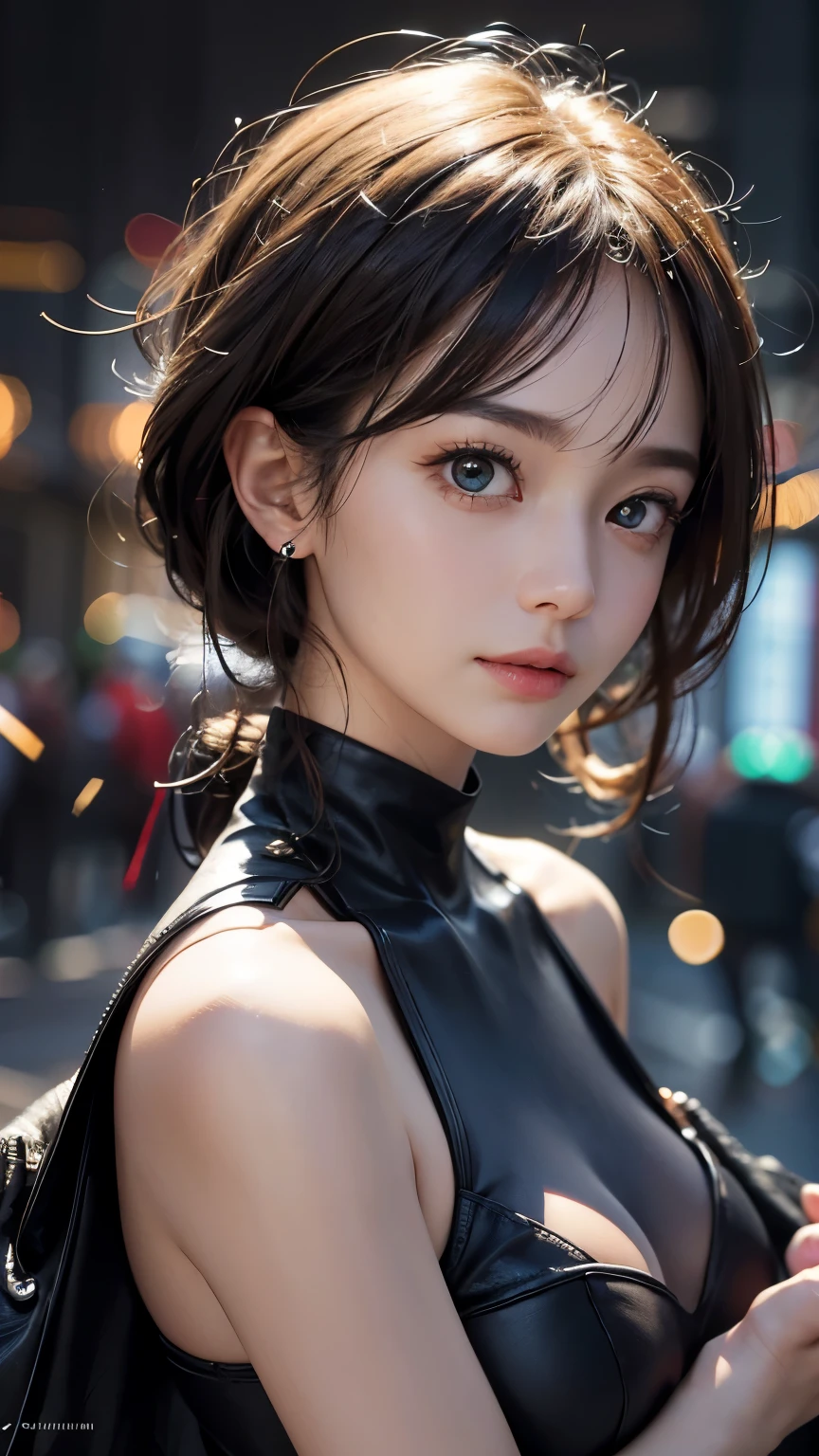 (((1 Ponytail Girl:1.3, alone))), (Very cute and beautiful mature woman:1.3), (22 years old: 1.1), (Are standing;1.3), Show Viewer, (Look directly at the viewer:1.3), Show Viewer, 
break, 
(Up ponytail:1.3), (光沢のある黒いthin髪:1.2), bangs, Dark brown eyes, Beautiful Eyes, Princess Eyes, bangs, Hair between the eyes, short hair:1.3, thin, (Huge breasts:1.3, Saggy breasts:1.3, Disproportionate breasts;1.3), (thinウエスト: 1.3), (Detailed beautiful girl: 1.4), Part your lips, Red lips, Full makeup face, (Shiny skin), ((Perfect female body)), (Upper body image:1.3), Perfect Anatomy, Perfect proportions, (The faces of the most beautiful Asian actresses:1.3, Very cute and beautiful Korean idol face:1.3), (Seductive emotions:1.3), (Close your mouth:1.3), (Happy:1.3),  
break, 
(Wearing a black high-end formal patent leather skin-tight dress:1.3), (Halter neck dress:1.3), (barefoot:1.3), Detailed clothing, 
break, 
Showroom effect, Stage works, Sophisticated presentation, Polished visuals, Ideal environment, Ambitious design, 
break, 
(Realistic, Realistic: 1.37), (masterpiece, Highest quality: 1.2), (Ultra-high resolution: 1.2), (RAW Photos: 1.2), (Sharp focus: 1.3), (Face Focus: 1.2), (Ultra High Definition CG Integrated 8K Wallpaper: 1.2), (Beautiful Skin: 1.2), (Pale skin:1.3), (Hyper Sharp focus: 1.5), (Ultra Sharp focus: 1.5), (Beautiful pretty face: 1.3), (Highly detailed background, Detailed Background: 1.3), Ultra Realistic Photo, Ultra-sharp images, Hyper-detail image,