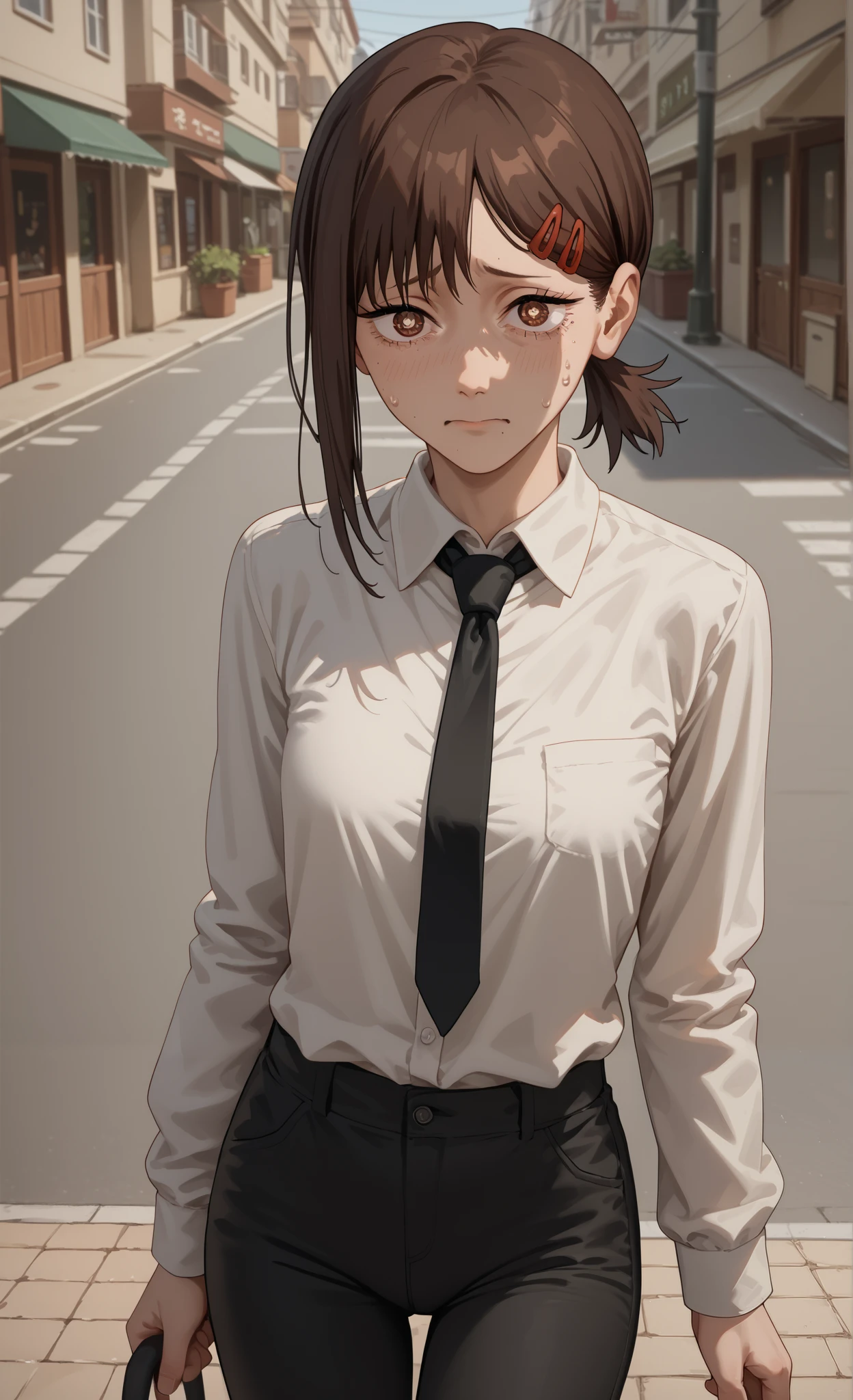 ((kobeni higashiyama)), ((chainsaw man)), ((masterpiece)), ((high resolution)), ((solo portrait)), {(attractive figure), (slim body), (face moles), (short brown hair), (cute brown eyes), (small white pupils), (nervous look)}, {(white button-up shirt), (black neck tie), (long sleeves), (tight black pants)}, {(standing), (looking at viewer)}, ((street)), ((sidewalk))