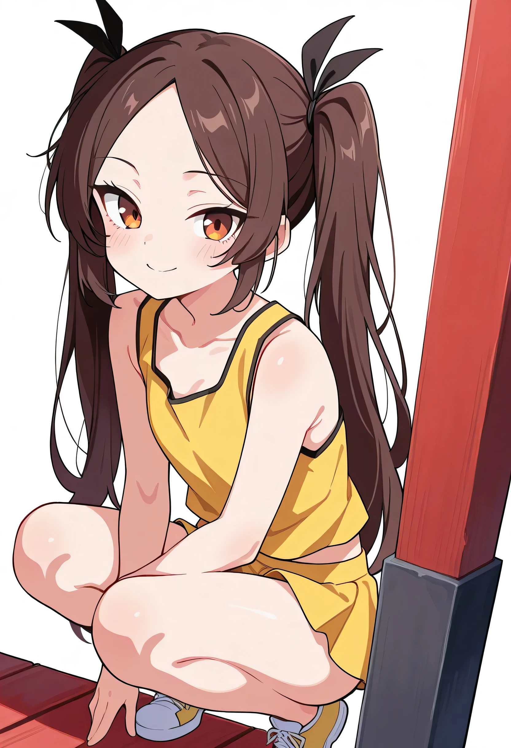  score_9,  score_8_ up,  score_7_ up,  score_6_ up,  depth of coverage,  Full Length Portrait , Alone,   white background,dark brown twintail,(parted bangs),tsurime ,smile,yellow tanktop,mini skirt,red porch,(fullbody),