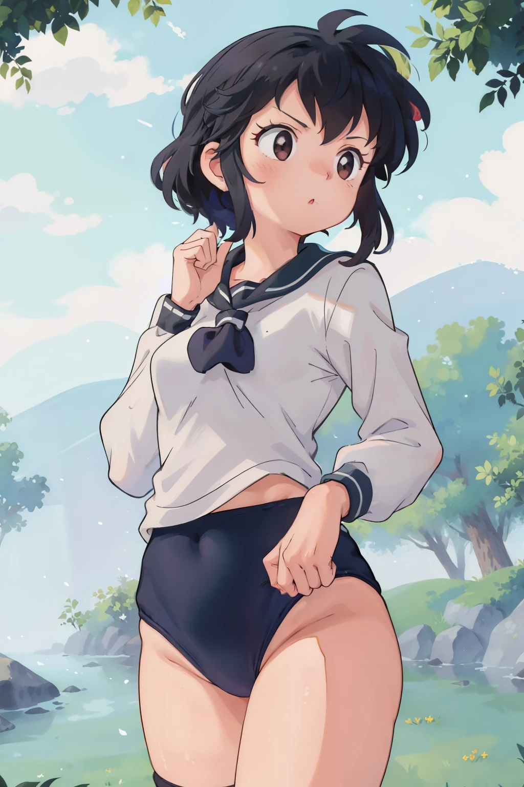 (masterpiece, best quality), 1girl , petites, loli, slim, wearing a Black gymnastics bloomers, High leg、white blouse, cowboy shot, in dark forest, serious, watercolor,