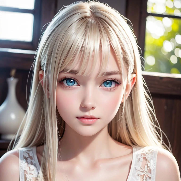 Very beautiful, bright, large light blue eyes、Very big eyes、Super long, super beautiful, bright blonde hair、Super long straight hair、Silky Hair、long bangs over the eyes、Very beautiful face, Young and shiny white skin、Very beautiful appearance、Beautiful and cute face、Very beautiful 14 year old, Stylish Nordic blonde beauty、A little larger chest, Full Body, Pubic hair, Very cute、hair over eyes、hair over one eye、hair between eyes、Round face