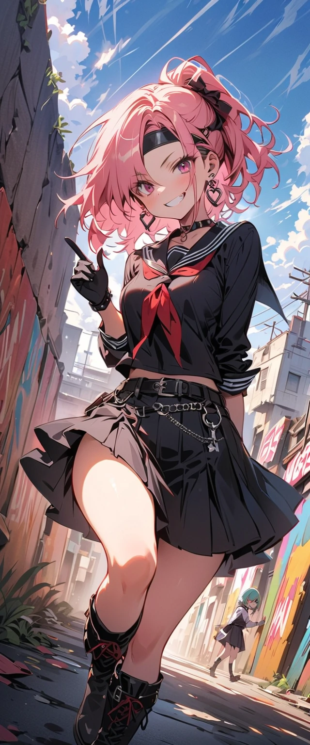 1girl, croptop, goth, fishnets, platform boots, short skirt