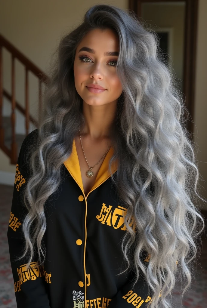 beautiful youthful looking Ariana Grande as a 50 years old woman with long curly comple tely gray hair in a big curls styles her graying hair complements her mature yet youthful appearance she may be 50 years old but she look li ke a 25 year old with her long curly gray hair graying as a Hot 50 year old woman masterpiece, still very young looking wearing Harry Potter Hufflepuff baby doll pajamas, Full body image