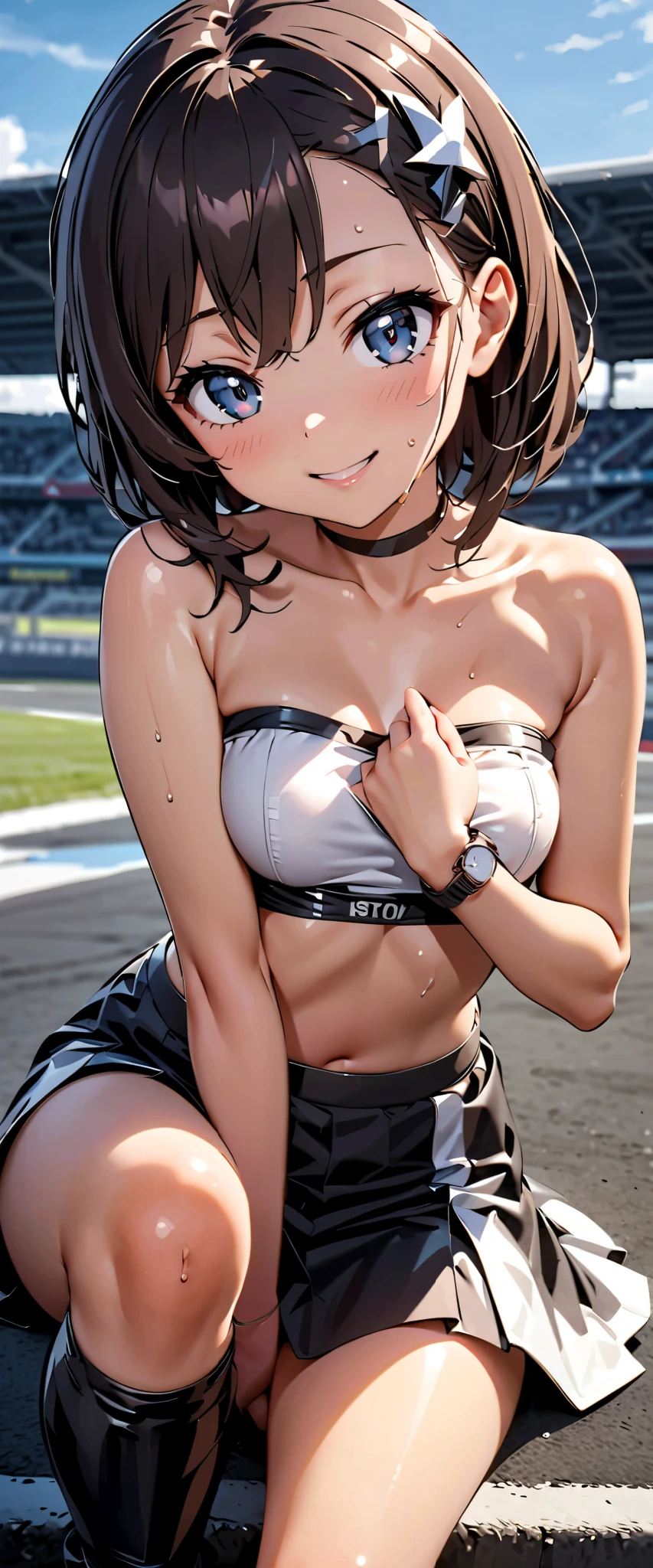 best quality, super high resolution, One person, small breasts, black choker under the chest, smile, exposes shoulders, focus only , Watch viewers,Fair skin,Car racing track, photon mapping, physical based rendering, RAW photos , highly detailed background , K-pop Idol , depth of coverage, hair ornament, detailed face, glowing skin, game cg,whole body, shiny micro tight miniskirt,shiny micro tube top,shiny knee-high long boots, Race Queen, sexy pose,holding a flag,Gloss Lip, wet from sweat