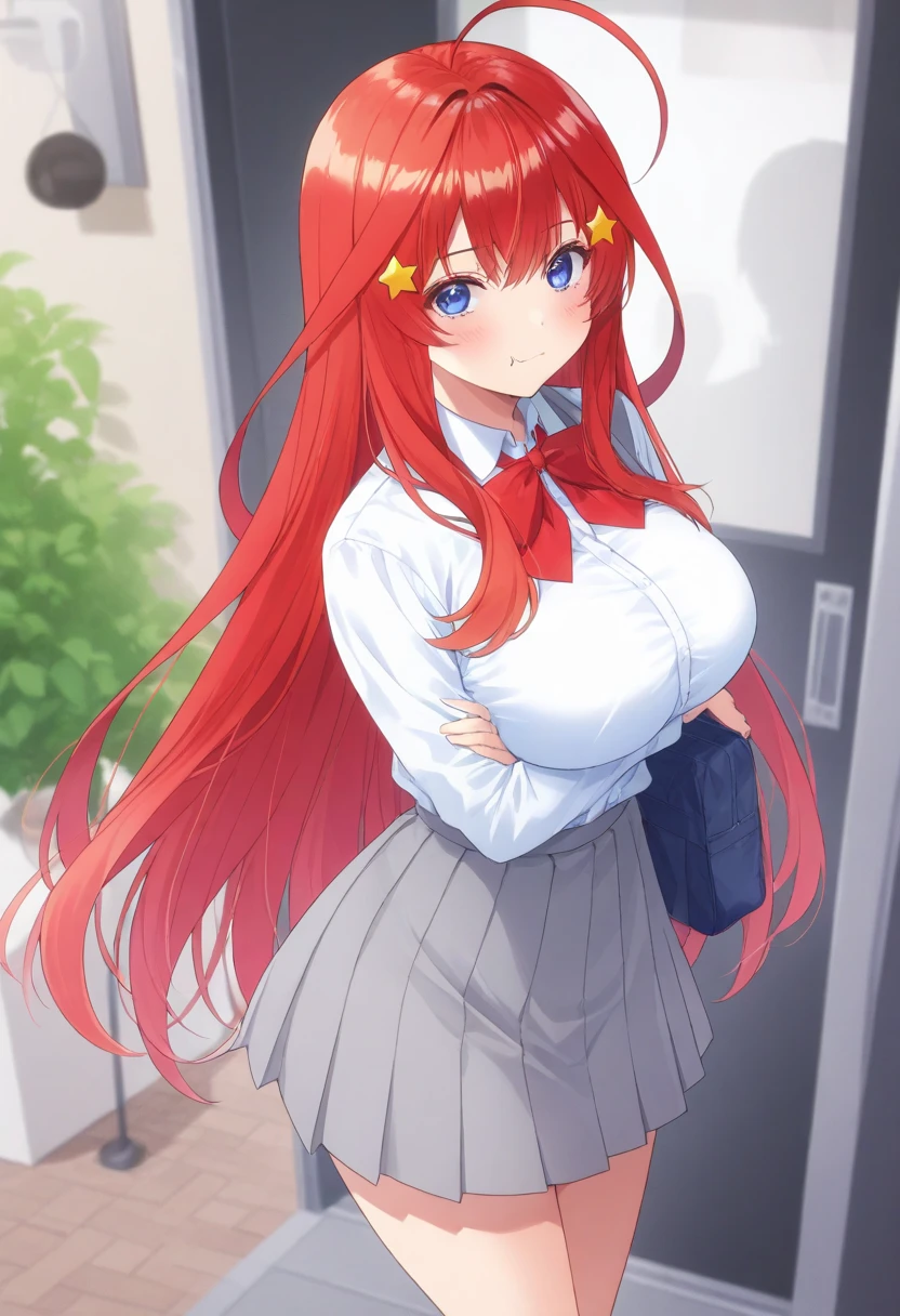 itsukinakano, Itsuki Nakano, bangs, blue eyes, hair between eyes, Ahoge, redhead, star \(symbol\), hair ornaments, star hair ornaments,blush,笑顔
break skirt, shirt, school uniform, clavicle, white shirt, short sleeve, pleated skirt, socks, collared shirt, mini skirt, knee high, white socks, green skirt, sweater vest, red sweater vest,pregnant woman with long red hair,Pregnant, Pregnantのお腹を抱きしめる,
break indoors, room,
break (masterpiece:1.2), highest quality, High resolution, unity 8k wallpaper, (figure:0.8), (detailed and beautiful eyes:1.6), highly detailed face, perfect lighting, Very detailed CG, (perfect hands, perfect ???????),