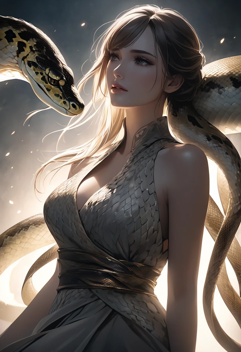 Jemongaard，(python)，Giant monsters，Snakes that surround the world，Ogre，Ouroboros，Earth python，Strongest，Ragnarok，Snake God，Norse mythology，(Super giant)，(Dark style，It gives a sense of oppression)，(Ferocious，brutality)，((((Gorgeous scales))))，Golden eyes，frenzied，Very ancient，Endless deep seabed，(Chained)，Peerless beauty，(Clear eyes)，(Bigboobs)，Fang，((Fierce expression))，struggling，looks away，(Face lighting，There are no shadows on the face，Bright face)，((tmasterpiece))，(Best quality at best)，(ultra intricately detailed)，(Highest definition)，(8K)，(Clean lines)，(Perfect facial features，Perfect flesh)