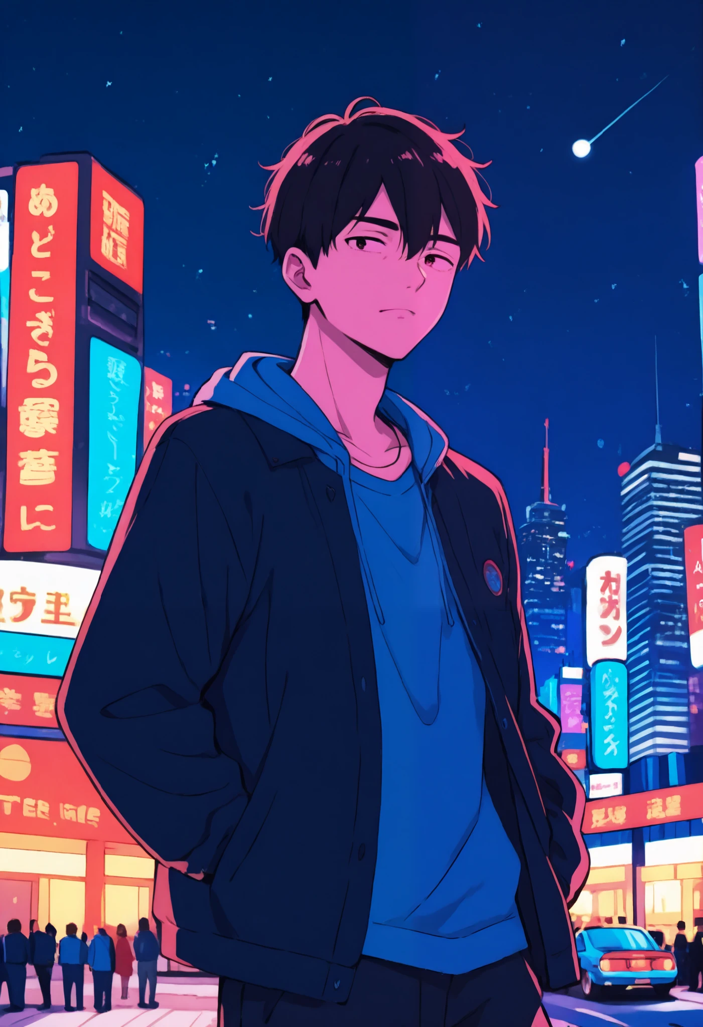 1boy, use a headphone, night of tokyo, alone,
