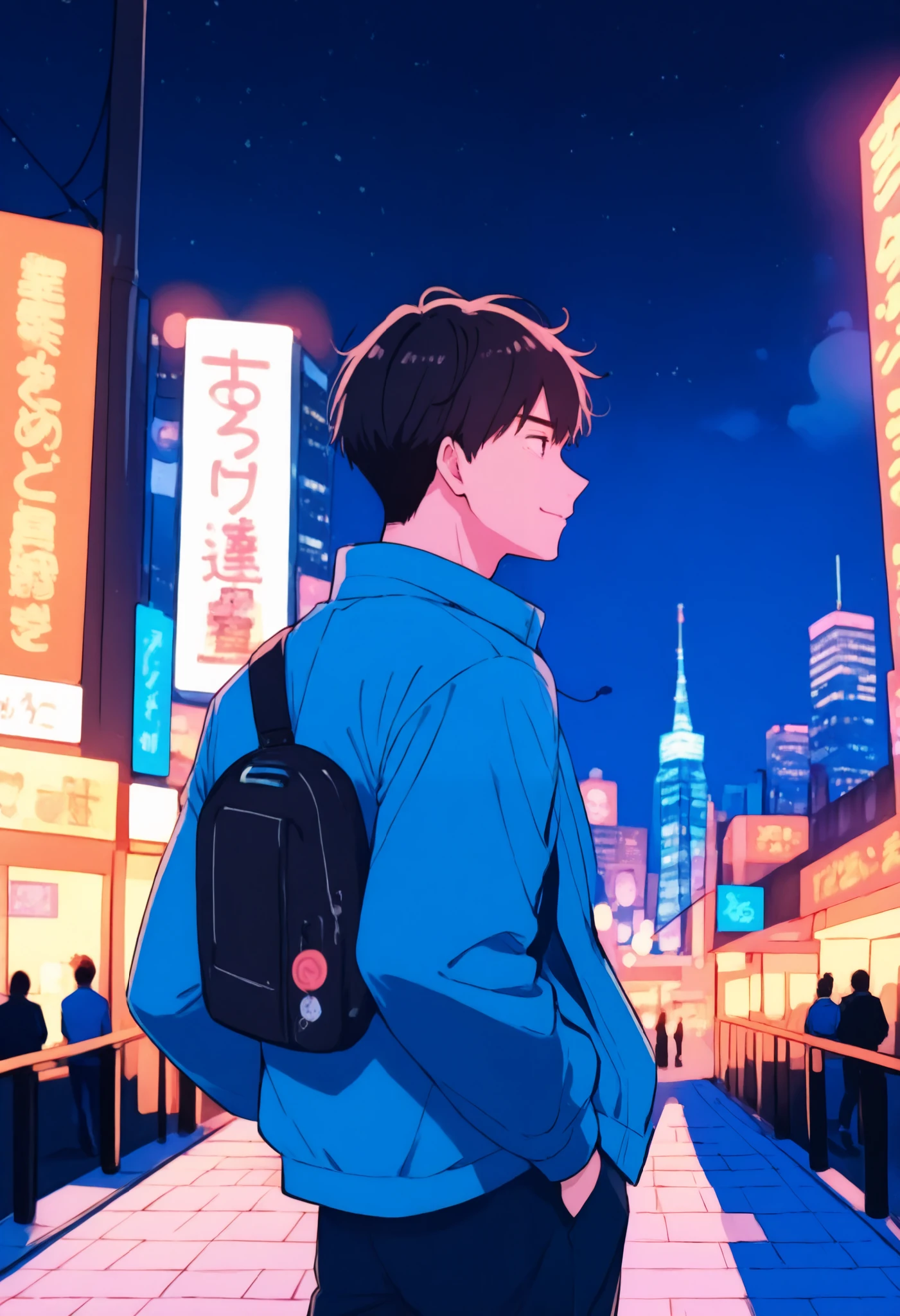 1boy, use a headphone, night of tokyo, alone,