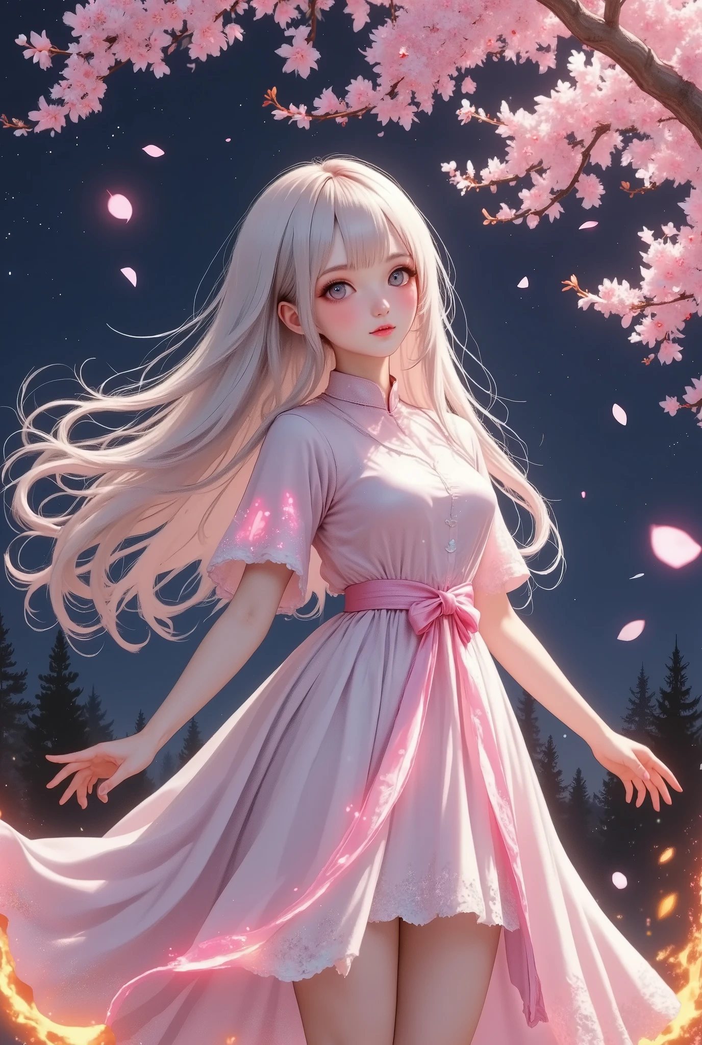 photorealism, A stunning girl wearing a pink dress with neon glowing lines outlining its edges, dynamic pose,standing beneath burning cherry blossoms with fiery petals scattering into the air, the night sky glitching with pixelated stars and digital distortions, creating a surreal and mismatched atmosphere, vivid neon lights blending with fiery elements and digital effects, glowing aura surrounding the girl, a captivating and unique scene full of contrasts.