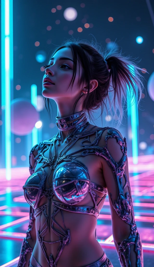 Particular attention to drawing the face and body, A naked beautiful girl naked with a sexy figure, in cyberpunk style, standing at full height, dressed in a neon mesh, against the backdrop of incredibly fantastic alien landscapes, 4k, 8k, maximum realism, on the body only clothes made of a transparent neural mesh and combat implants that emphasize the lines of the body , various poses that attract men, beautiful butt, Photorealistic graphics, maximum attention to the quality of the face, HDMI, hd, HIGH QUALITY PHOTOGRAPHY, PHOTO-REALISTIC BODY AND FACE, special attention to the detail of the face and body. A clear and high-quality image of the face and body. in a doggy style pose. kneeling with your back to the viewer. The face should not always be different. The body is illuminated beautifully with neon colors.