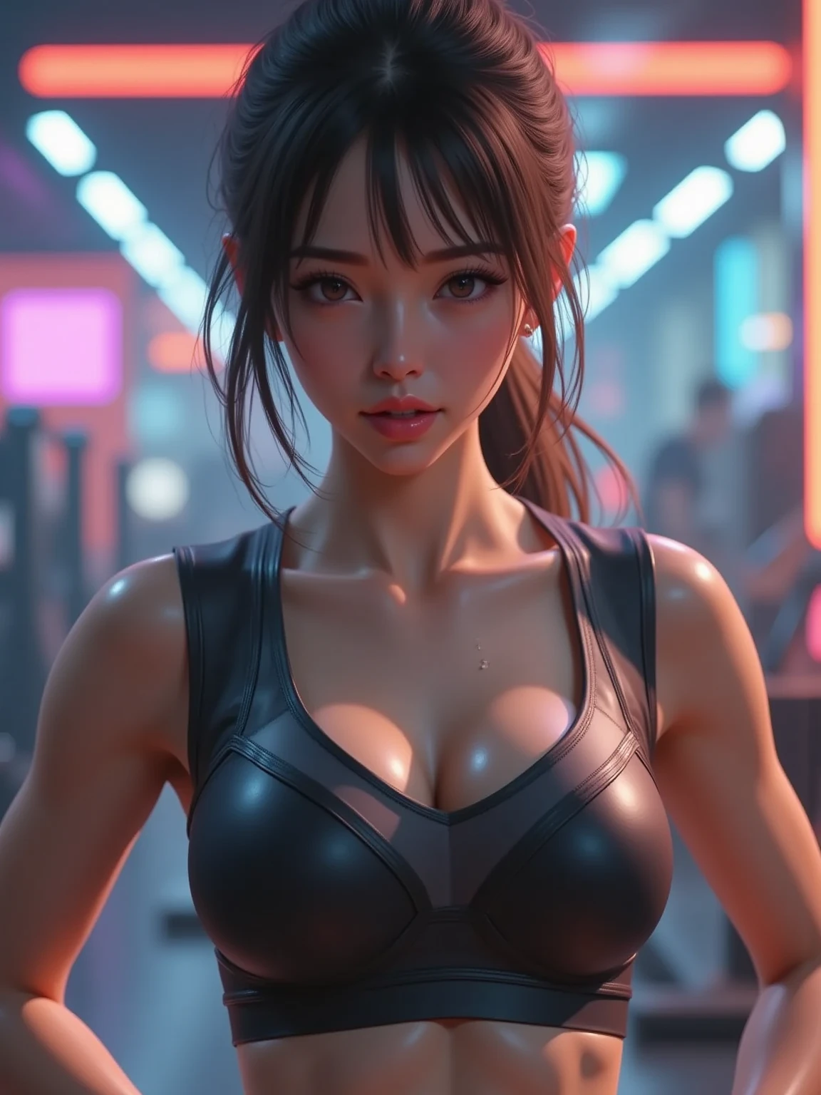Tifa lockhart, tifa_lockhart, ff7, (white tank top:1.2), black miniskirt, black long hair, long eyelashes, (beautiful red eyes:1.3), surrealism, shadow, stereogram, (photorealistic, realistic: 1.2), POV, atmospheric perspective, cinematic lighting, ray tracing, 8k, super detail, best quality, masterpiece, well detailed, (Canon EOS R6, 135mm, 1/1250s, f/2.8, ISO 400:0.9), (huge breasts:1.5) low tied hair, by a industrial factory with pipes at night, smiling, happy, (doing a pull-up:1.5) exercise, pullup