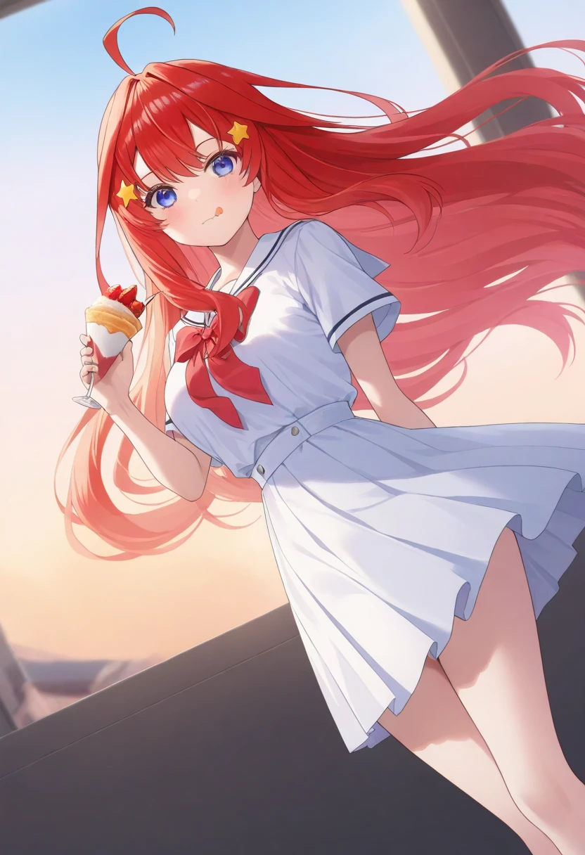 A lively, cute and pure girl wears a bow on her head,In sailor suit(Modern style) white stockings(White in red)Perfect body proportions, the moon is shy and the flowers are sitting in the sky。sea of stars。shy。Innocent。The gentleness of the wind。