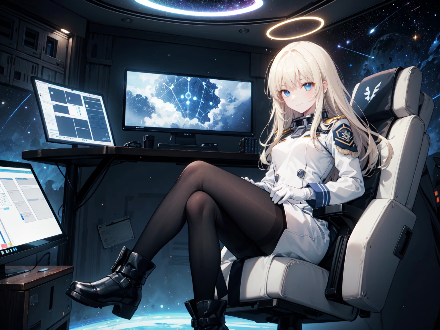 a cute girl,perfect face ,Futuristic style royal tights(Show off your figure) Sci-fi graceful figure,Perfect body proportions, cat ears, detailed facial description, peerless appearance, slim sitting posture