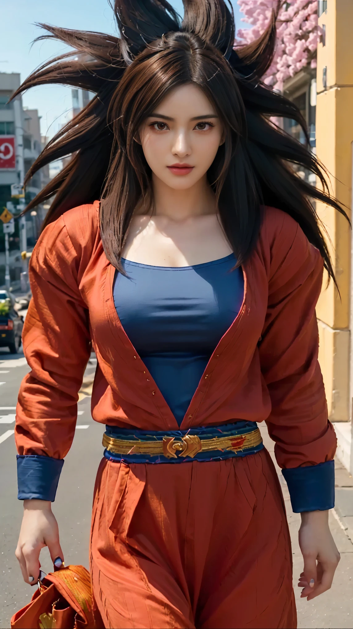 a close up of a woman walking down a street with a bag, saiyan girl, female goku, realistic style, realistic woman artstyle, realistic art style, realism character, trending artgerm, realism style, hyper realistic, realism highly detailed, female Super Saiyan character, portrait of a female hero, realism tyle. 8k