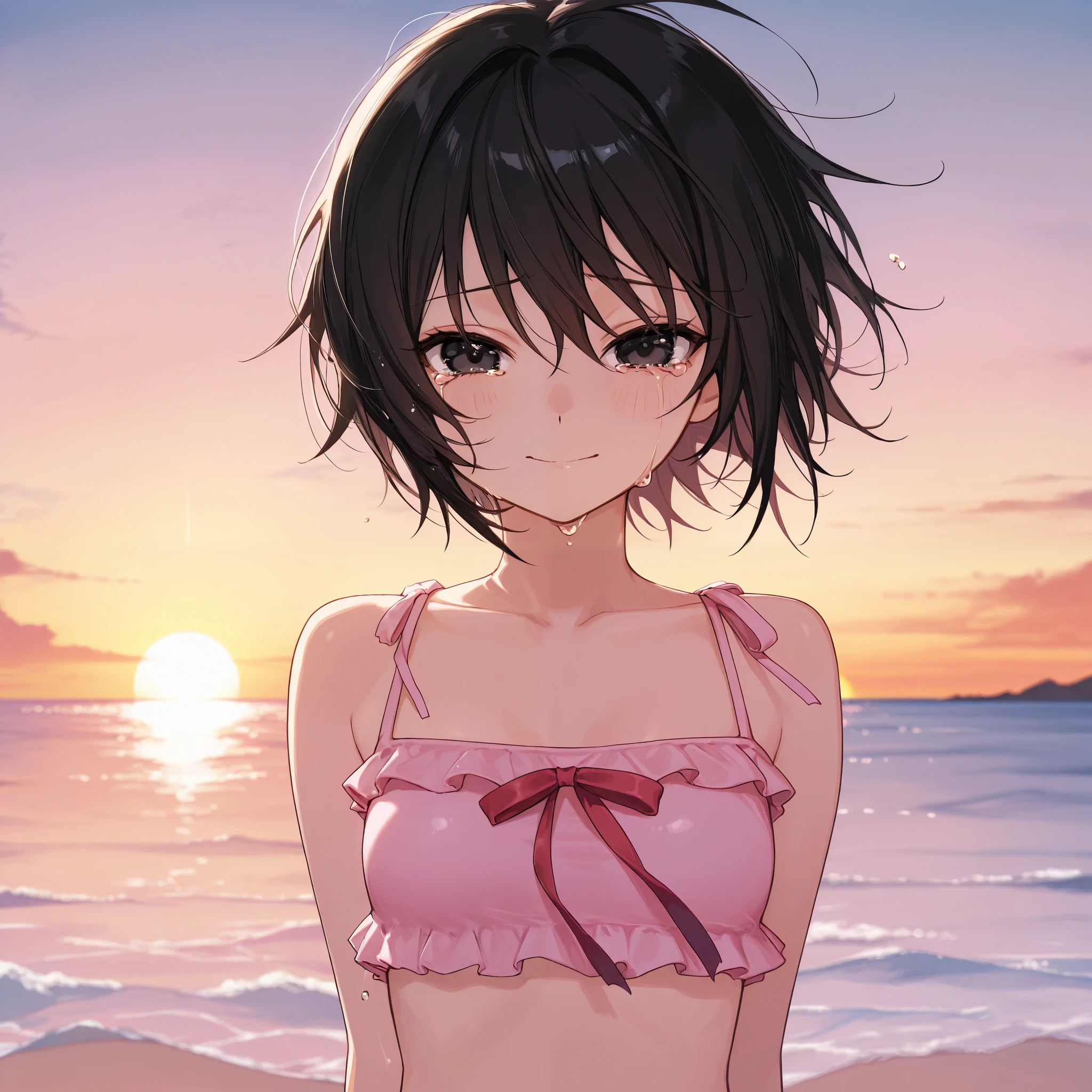 score_9, score_8_up, score_7_up,BREAK,source_anime,best quality,masterpiece,aesthetic,very aesthetic,(official art, official_style),megami_magazine , 1girl, inoue takina, lycoris recoil,black bikini,navel,side-tie_bikini,medium breast, 
(Shiny bare skin), 

cool,light smile,
standing pose,face focus,upperbody

(beach,sunshine),cinematic lighting,great lighting
