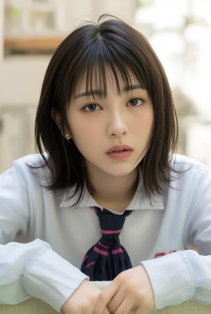 (top quality),(cute japanese girl:1.2),girl,Alone,Idol,school uniform,cute posing,white uniform shirt , dark blue tie dark blue pleated skirt ,Navy blue blazer uniform,long hair , shiny black hair with pastel pink in the inner color,big expressive eyes,subtle blush,intricate patterns,Warm Light, dressing room,semi-realistic style,lively atmosphere,from above,
Frog-sit on the floor
Looking at the camera