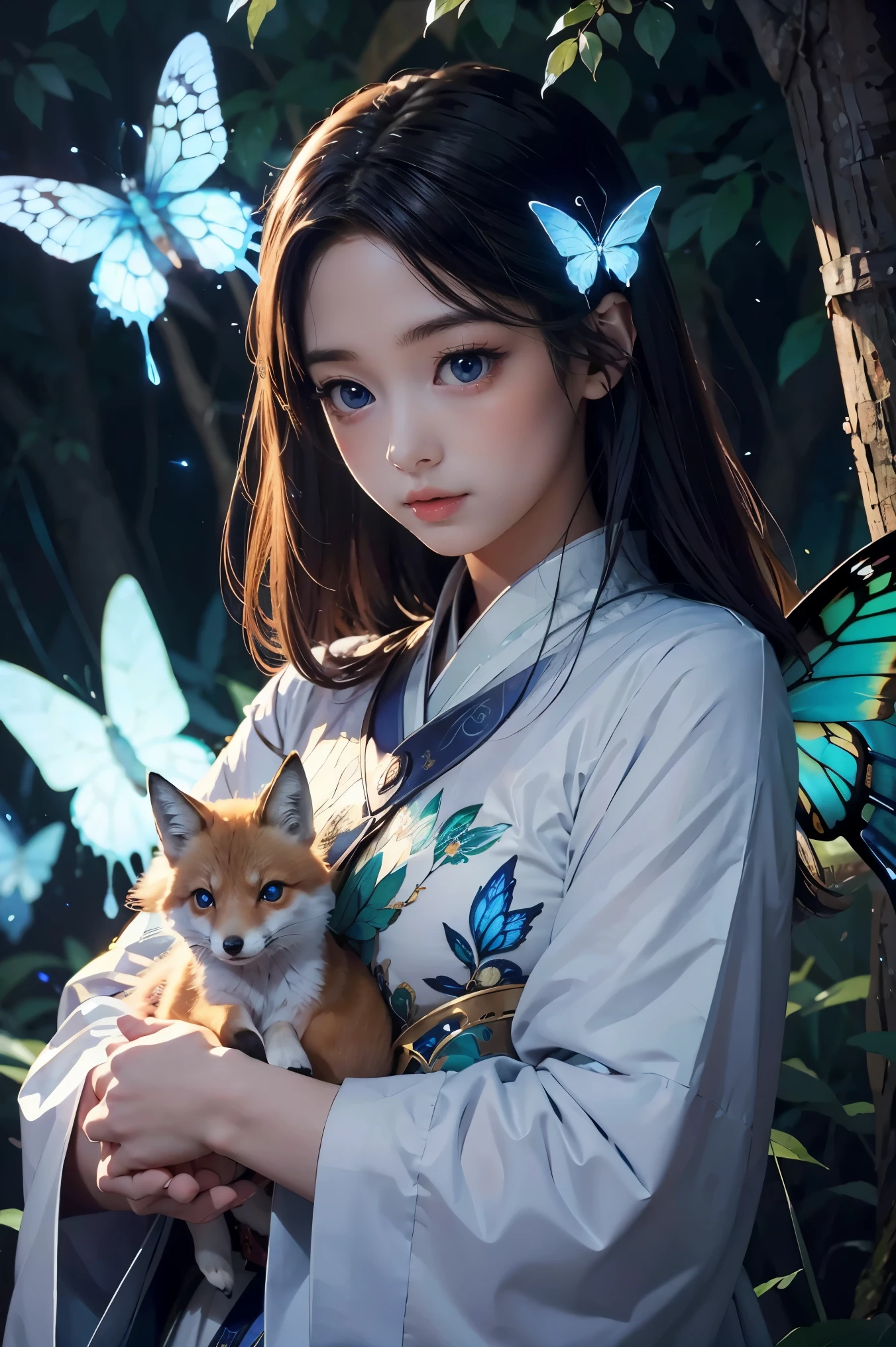 A highly detailed, ethereal and glowing blue-eyed fox spirit, surrounded by glowing butterflies in a night time fantasy forest, realistic, extremely detailed