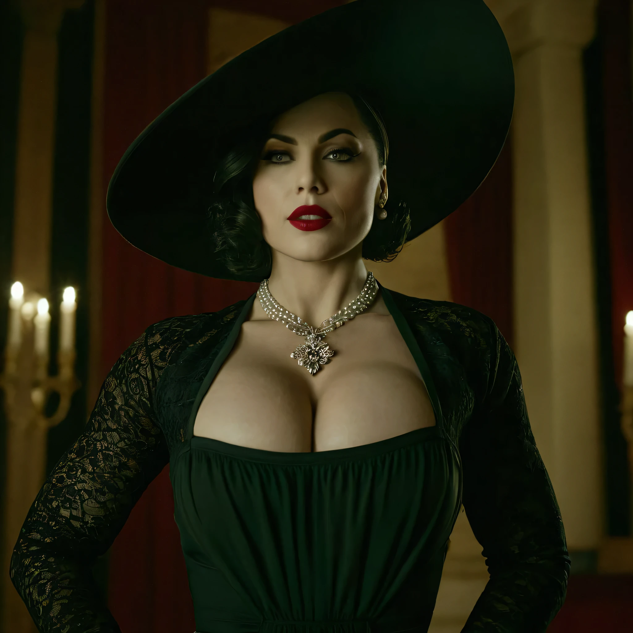 cinematic film still of Alcina Dimitrescu, Mrs. Dimitrescu, muscular, bodybuilding, Women, dramatic light, big old, Dimitrescu, Red lips, Alcina Dimitrescu, Mrs. Dimitrescu, muscular, a Women in a black GOOD and a large, 1 girl, Alone, old, by rubio,, background of the mansion, neckline, elegant low cut dress, standing, nipples, GOOD, black GOOD, lace trim, Very detailed, high budget, bokeh, cinemascope, moody, epic, gorgeous, film grain, grainy