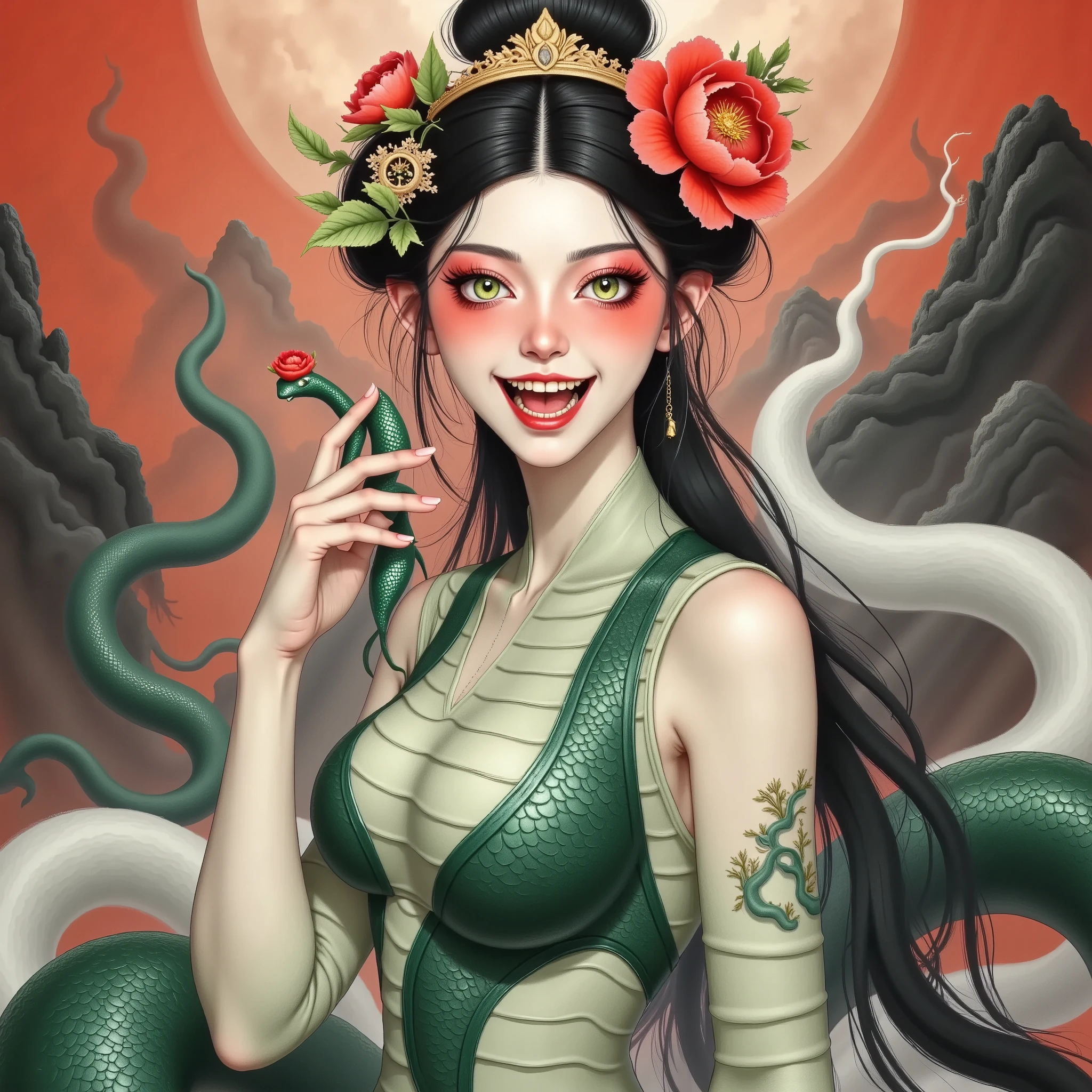 ((( Beautiful Snake Girl,Black high bun , wears huge red peony flowers,,Enchanting green eyes 。Open your mouth,Fangs,Holding a snake in his hand,Motion Capture)))。Snakeskin Armor , Snake Body Scales,Snake tail.red mountain river background