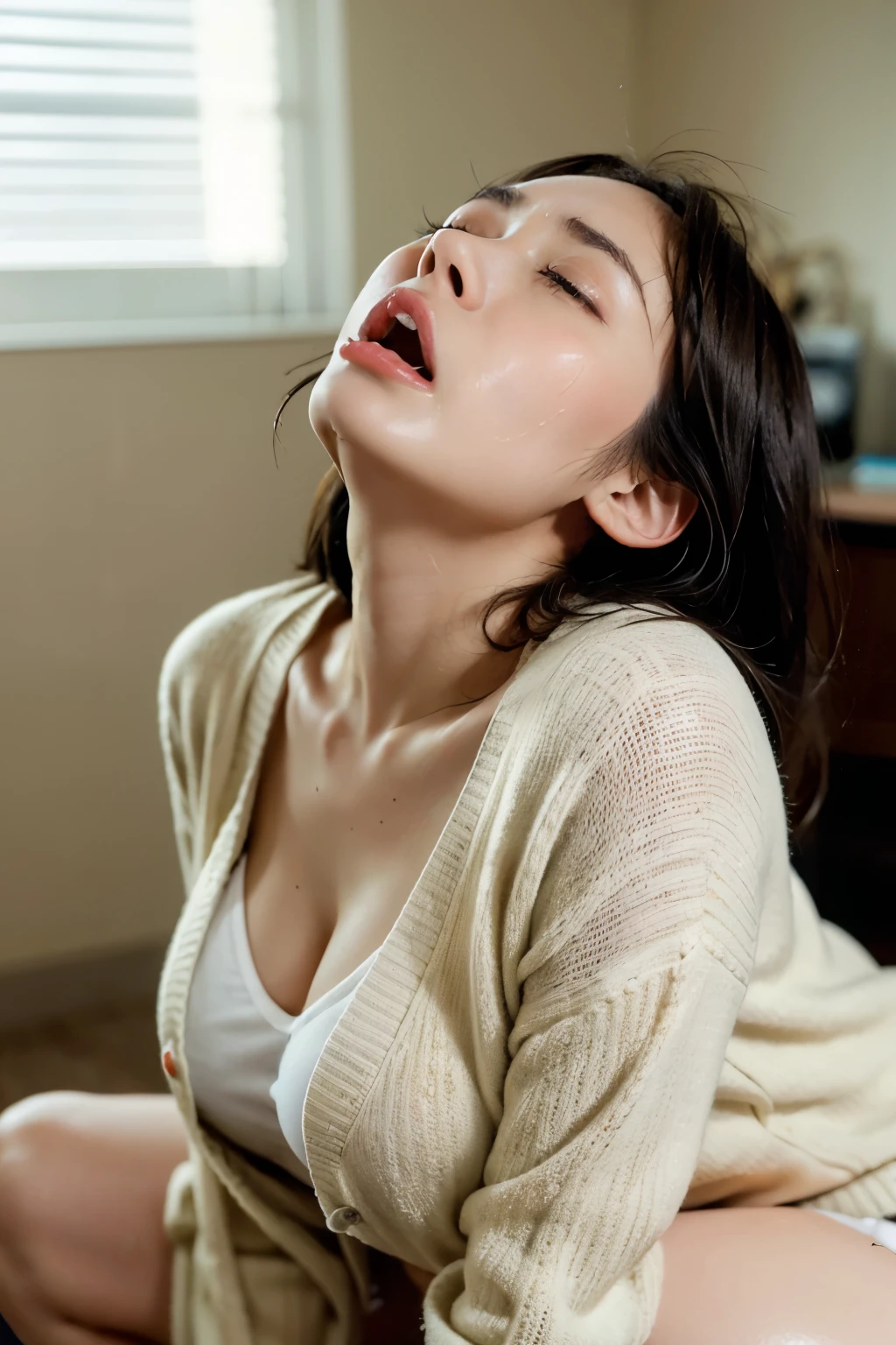 BEAUTIFUL JAPANESE ACTRESS、 1 girl,bangs、Flying debris,, Award-winning photos , very detailed, focus on face , big double eyes( woman on all fours with her mouth open and her eyes closed ), 1、bangs、 SHINY SKIN、((( face close-up )))、Realistic nostrils、 do training to make your nose thinner and longer,,,、bedroom, squat、(( Random Color Open Cardigan))、 big breasted、( Sharp Nose )Frowning Performances:1.4,, Performances,Frowning,(( Lift Your Head ))、Sweaty skin, oily skin, hair gathered, squatting and giving a blowjob,female teacher,廊下の壁際に座る、 squat、50 degree hot room、Sweaty skin、Wet Sheer Fabric ,My face is sweaty , face that endures severe pain 、(((Screaming face, shout with your mouth wide open))),((Saliva))、(tears)、((On top of women,vagina, sex,))(( super real))