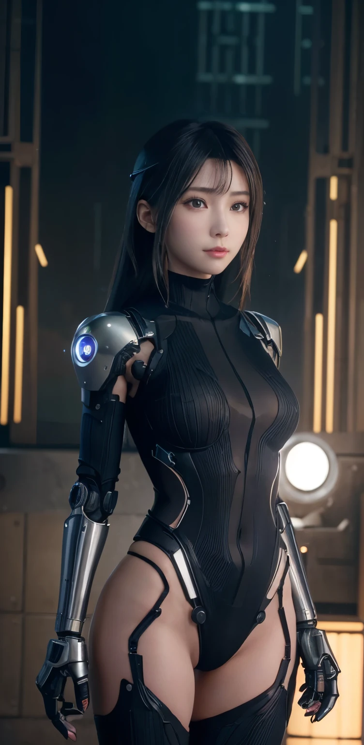 highest quality、masterpiece、Super high resolution、(Photoreal:1.4)、((beautiful girl:1.6)), 全身cyborg少女1体、16 years old、no human、((The only skin part is the face)), glowing eyes、((Lots of split metal chest protectors)), Metalrobot、((全身が戦闘robotの体))、((ボディパーツはrobotパーツ:1.8))、((The internal mechanisms of the chest are exposed)), ((Mechanical chest armor with LED indicators and meters)), robotの腕と脚、((露出したMetal骨格 of the abdomen))、頸部のMetal骨格、Under repair、destroyed body、Metalメカニカルブラ、全身Metalスキン、metal bodysuit、全身を覆うMetal鱗、Metal製のボディ、全身Metal、beautiful girl、prosthetic hand、prosthetic leg、全身cyborg、露出したMetal骨格、asian beauty、cyberpunk、steampunk、downtown at night、SM Room、Complex 3d rendering beautiful porcelain profile ultra detailedd female type android face、dark brown hair、glowing skin、((Super realistic details))、Portrait、global illumination、Shadow、octane rendering、Metal、複雑な装飾のdetailed、日本のdetailed、very intricate details、realistic光、CG Society Trends、purple eyes、shining eyes、towards the camera、ネオンのdetailed、mechanical limbs、blood vessels connected to tubes、mechanical vertebrae attached to the back、cervical vertebrae mechanically attached to the neck、sit on top、Wires and cables connecting to the head、gundam、small led lamp、masterpiece、 Metalrobot、Metal製のボディ、全身Metal、prosthetic hand、prosthetic leg、全身cyborg、露出したMetal骨格、asian beauty、cyberpunk、steampunk、future city、Research room、Complex 3d rendering beautiful porcelain profile super detailedd female android face、cyborg、robot部品、150mm、Soft light in a beautiful studio、rim light、vivid details、gorgeous cyberpunk、Ren Hao、超realistic、anatomical、facial muscles、cable wire、microchip、elegant、beautiful background、octane rendering、HR giger style、8K、highest quality、masterpiece、enlightenment、very delicate and beautiful、 非常にdetailedなCG、unity、wallpaper、(realistic、Photoreal:1.37)、amazing、detailed、masterpiece、best quality、official art、Highly detailedd CG unity 8k wallpaper、absurd、incredibly absurd、、robot、silver beads、Full body Esbian、standing
