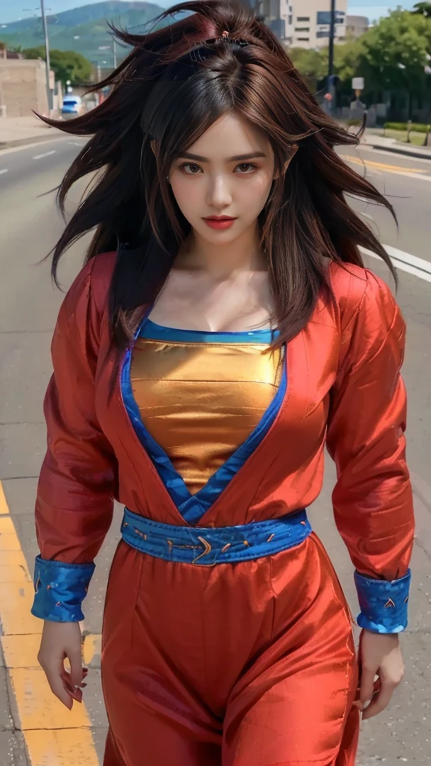 Highest picture quality、Excellent details、extra high、(realism:1.4)、best illustrations、Love the details.、1girl is very intense.、Delicate and beautiful face、Dressed in blue and yellow machinery.、Wear a mecha helmet.、There is a directional control device.、riding a motorcycle、The background is a high-tech light scene of a futuristic city.。cute beautiful girl、Wearing a Spiderman costume。