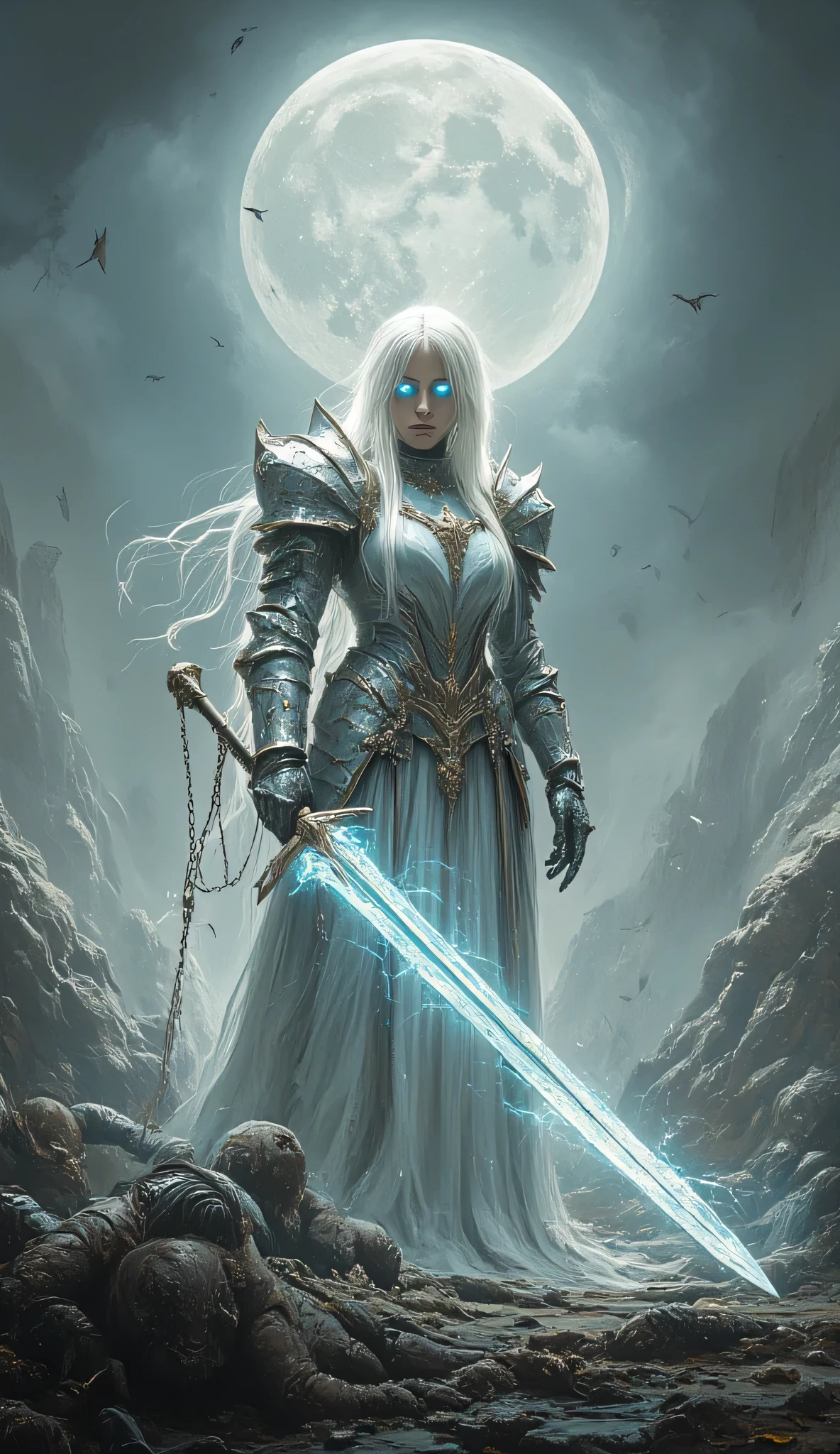 Sexy ethereal female knight in translucent armor flickering with ghostly light, glowing spectral eyes, long white hair. Cracking Oathbreaker, a whip of spectral chains, in a haunted battlefield littered with phantom weapons. Apparitions of armored spirits swirl around her, their faces twisted in silent screams. A shattered moon hangs in the ash-gray sky.