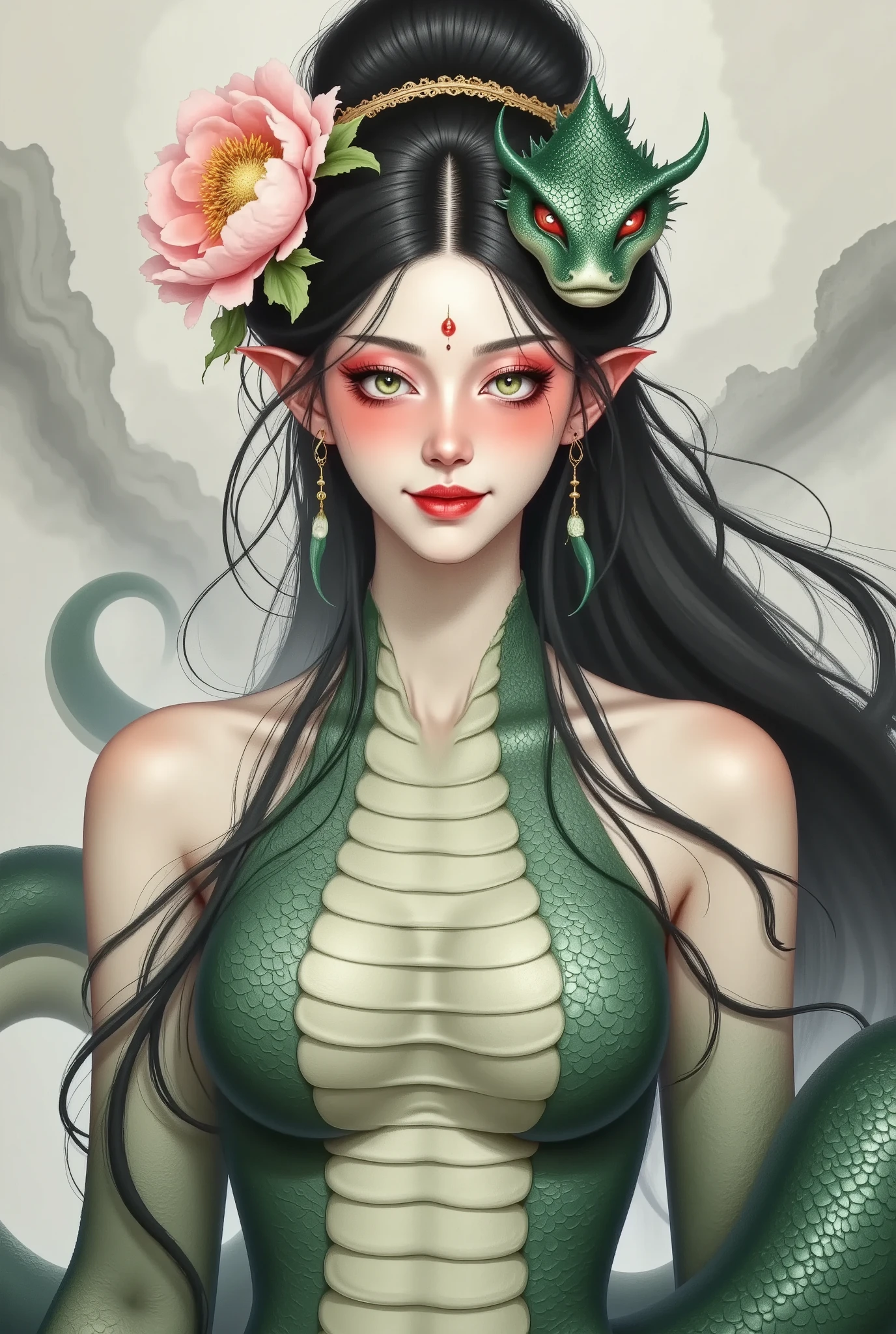 A woman with a snake and sun in her hair, Snake Woman hybrid, Snake Queen , Snake Woman, Lady with a snake face , Beautiful and elegant demon queen , dark Snake Queen , tom bagshaw artstyle, Ancient Chinese Goddess, Portrait of Dragon Girl, Digital Fantasy Art ), Her many snakes are like hair , Art Style Tom Bagshaw , fantasy art style
