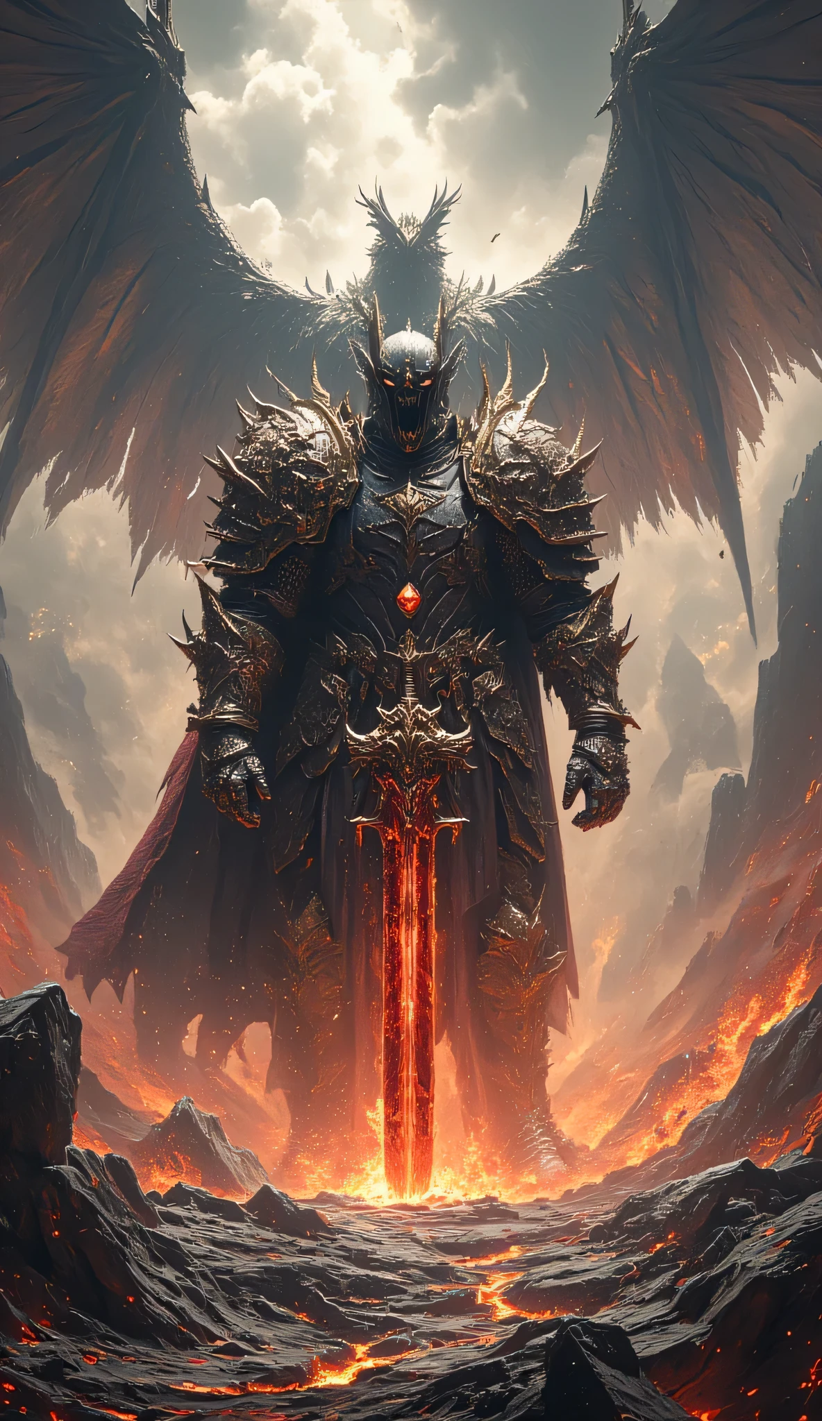 Towering knight in draconic armor fused with crimson scales, helmet shaped like a roaring dragon’s skull. Wielding the Fang of Ignarion—a jagged greatsword ablaze with dragonfire—amid a volcanic wasteland. Smoke and embers swirl around him, with the silhouette of a colossal dragon soaring overhead. Molten cracks split the ground beneath his feet.