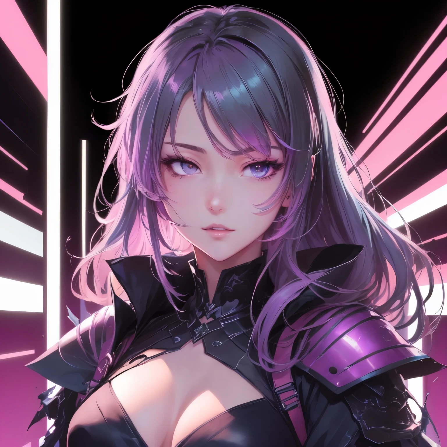 1 person, Blunt bangs, Braiding, Wide sleeves, hair ornaments,Obi says, (Purple Hair:1.2), Very long hair, Straight hair, Looking at the audience, Highly detailed background, (Realistic:1.2), Beautiful Eyes, Red eyeshadow, thigh, (Urzan-6500:0.7), Upper Body, (alone:1.2), (Cyberpunk City:1.1), Cleavage,,Glowing Skin、(Navel exposed).((Face close-up))、((smile))、(Black lace costume).