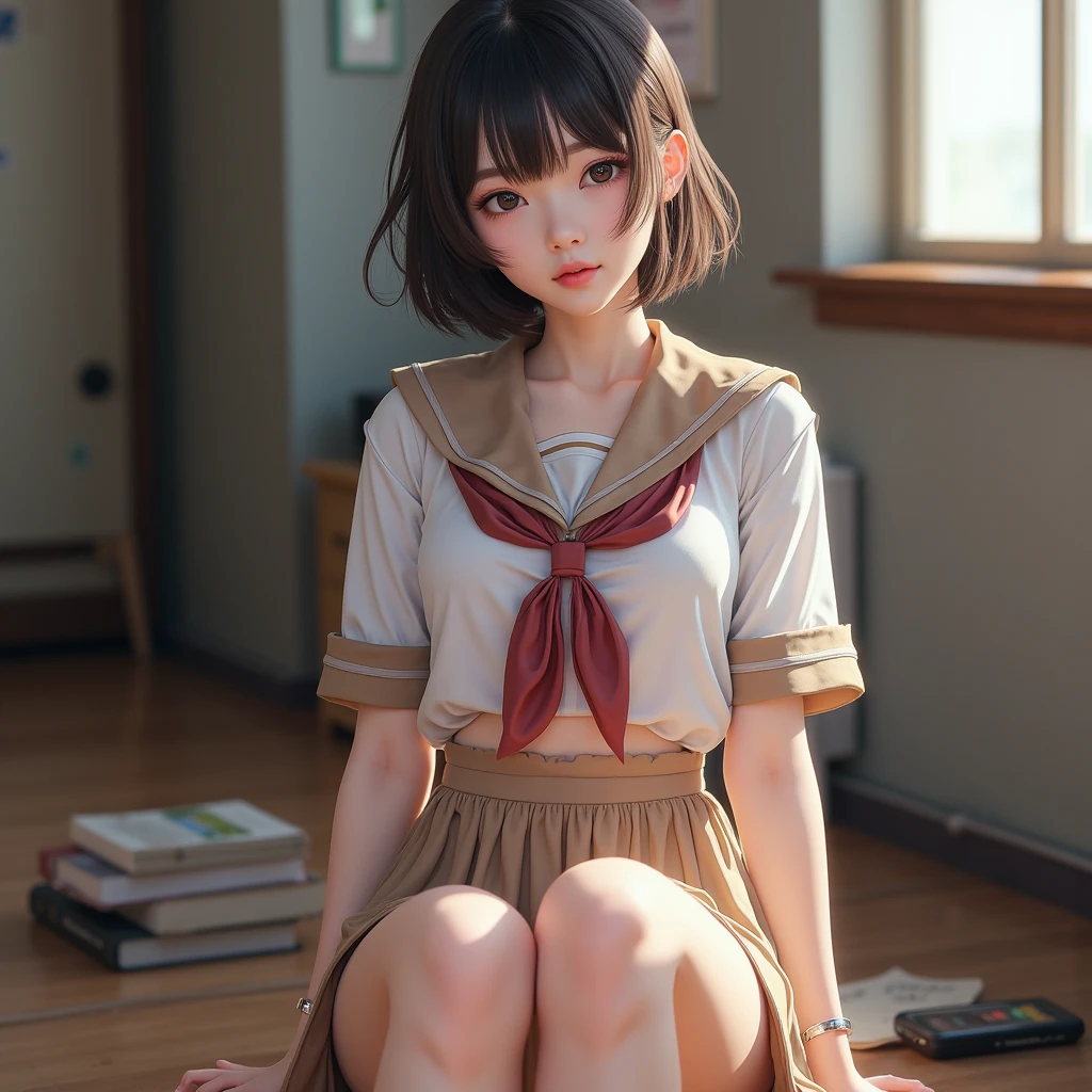high resolution、high resolution、in 8K、real live action、RAW Photosgraphy、highest quallity、work of art、tabletop、erotic、Youngh、Schoolgirl、white bra,Caucasian skin,knees、(skin-colored pantyhose)、Detailed panty pattern、panty focus、White lace panties、absurdrez,Small face、Part your bangs in half、The forehead is visible,(cold stare<Ojoを細めて,sheen,stark,mild anger)、work of art,highest quallity、超high resolution,RAW Photos,just,Beautiful poop,A person, A personで,shady look,breasts small,whole cos、Very cool、uniforme jk,(photoshotrrealisitic:1.37)、photon mapping,Light blue ribbon,realisitic、cute face,茶色のOjo、、(Red bow tie)、物理ベースjustダリング、potential client、Written limit depth、nblurry background、photoshot,us、cos,beautiful feet, Legs long, fine legs,Bobcut,(I can see the fringe), lips, Unripe_Ojo, soft nose,(open-collar white shirt), (navy blue pleated skirt(lift up your skirt、White panties are visible), kneesが見える,clothing transparent,Cute Japan、キラキラしたOjo、Glossy lips、dynamic pose,short white socks、Showing the dirty sole of a foot raised in the air.