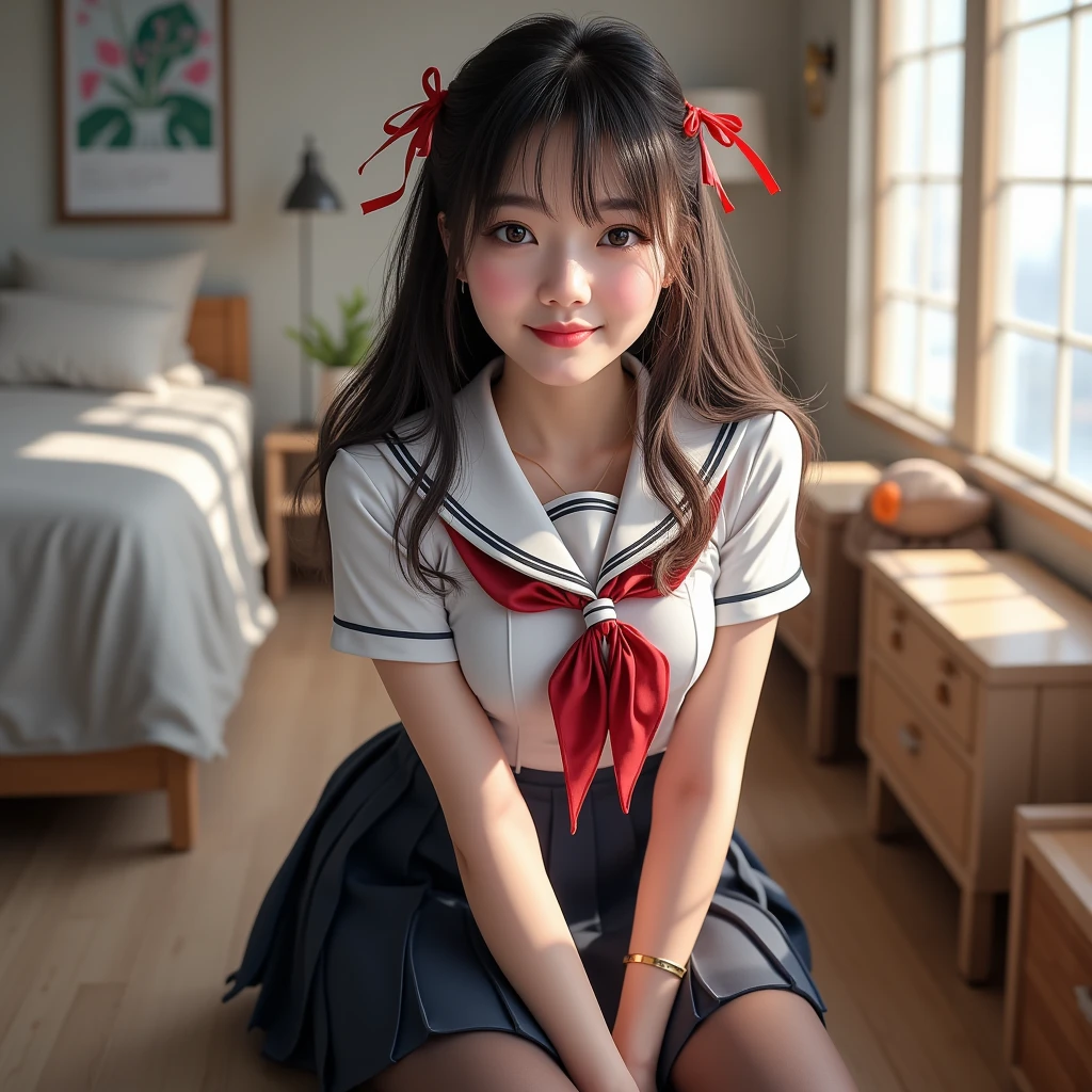 A beautiful young girl with twin tails wearing a sailor suit is leaning on a fluffy white sofa, her white bra is showing through her white blouse, her legs are spread apart and her skirt is pulled up to show off her white lace panties., a blond, Photos of very beautiful Nordic-born girls, 12years, Blonde hair,Seductive open legs pose, 4k, top-quality, hight resolution:1.1), Drawing so that the crotch cloth of the white underwear is visible, tiny panties, white panties made of lace material、Blue plaid skirt, Red plaid skirt, high school student uniform、a sailor suit, Cleavage visible from the blouse, The clothes are fluffy, bed room, class room, dining room, tiny chest、Underhair is transparent、Nipples are see-through, Wet panties , Angle from your feet, The bra is sheer、Clothes are see-through、White panties with ribbon