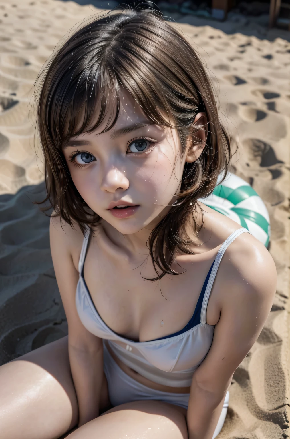 cinematic film still photographed.
Perfect appearance. Top quality. High resolution.
High quality photos. Photos that are in correct focus.
Correct human anatomy. Correct hand shape.
She is very, very young.
She is a . She is small in stature.
A girl with a big head, face and eyes.
Her face looks a lot like that of YouTuber Ella Freya.
Too beautiful girl. Her face is so young.
Her haircut is a pixie haircut.
Her hair looks like Amara Tenou.
Her hair looks like Audrey Hepburn.
Very short hair. Not long hair.
A beautiful girl with very short hair.
Too big breasts. Japanese idol girl with big boobs.
pornographic videos.
She is very shy. She has a serious look on her face.
She has both legs open. She is unresisting.
Her expression is pained.
She closes her eyes. Sleeping eyes. She opens her mouth.
She is covered in whipped cream all over.
She is covered with water all over.
A girl lying on a sandy beach.
The girl is wearing a white bathing suit.
Girl wearing bikini.
She is a elementary school student.
She is a elementary school student. She is small in stature