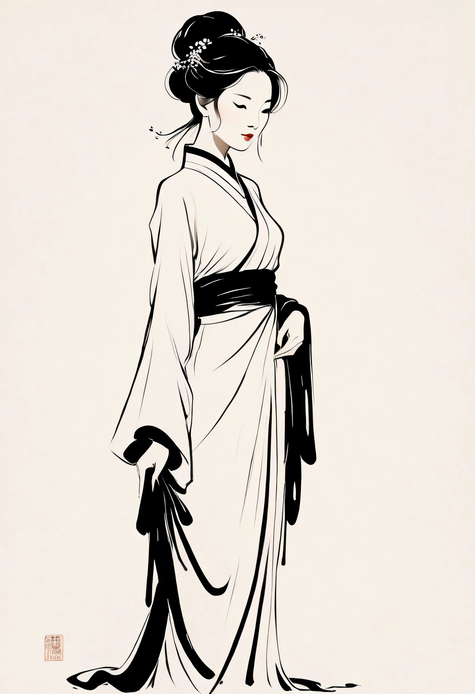 **"A minimalist illustration of a Chinese female figure, created with black ink in an artistic style that combines elegance and subtlety. The composition uses fluid, detailed strokes to highlight delicate features, a traditional hairstyle and a flowing dress with a simple design but captivating. The work conveys serenity and beauty, designed to immediately capture the viewer's attention. Inspired by the art of montage and minimalism, with a touch of timeless sophistication."**