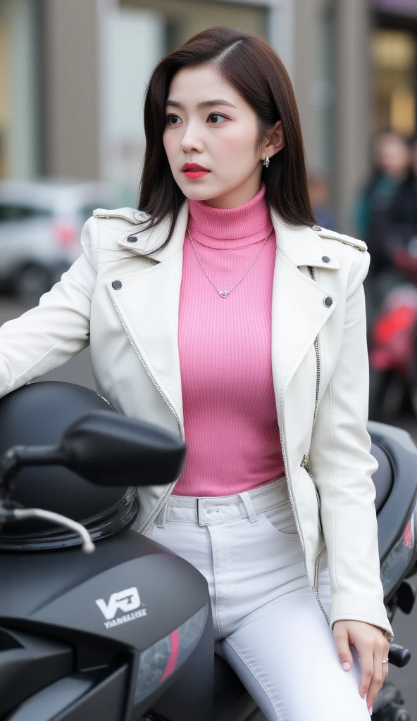 Highest image quality,Outstanding details,超高分辨率,(Fidelity:1.4),The best illustration,Favor the details,Highly cohesive 1girl,He has a delicate and beautiful face,Human real skin texture,Dressed in a white-pink mech,wearing a mech helmet,Hold the direction controller,Riding on a motorcycle,Legs exposed,Wear black socks on your legs,The background is a high-tech lighting scene in the future city。
