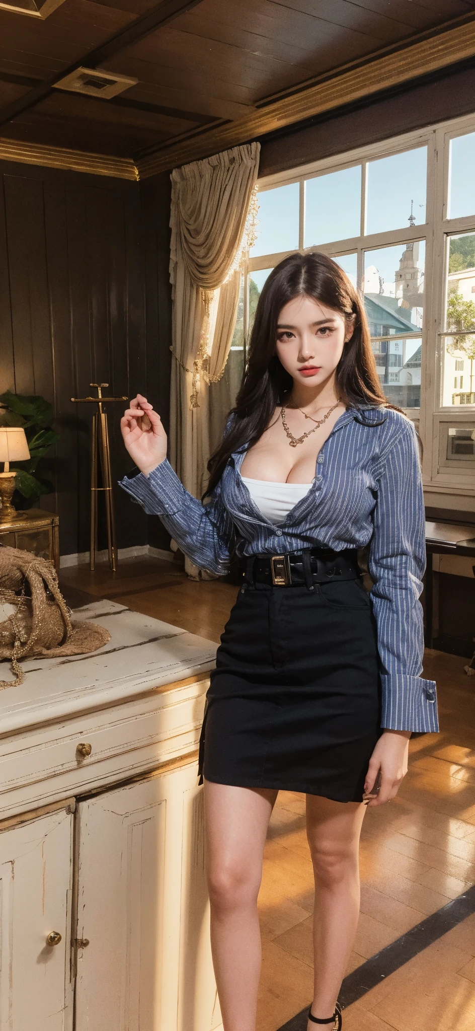 (High resolution 8K, Masterpiece, Only the best quality complicated details Chromatic aberration) realistic ((small breasts)) Hair strewn in one eye., Very large round silver earrings worn on the ear., Diamond Choker, necklaceพลอยแดง, medium sized silver necklace, bracelet, Many bracelets, leather strap watch, Anklet, Waist necklace, stilettos, Sharp eyes,  necklace, (Symmetrical eyes), (Perfect symmetrical body), (Photo of a beautiful 19 year old teenage girl.), Beautiful and charming with contemporary fashion paintings as well., looking at the audience,  ((Sitting in a red five-tiered amphitheater behind a large glass room.)), ((black short skirt)), (((Wear a blue shirt over it.)),  (White short sleeve shirt), (Open shirt to show breasts), no bra.), (open chest), (soft breasts)), (Long square leather belt buckle), Put your hands down, (Light brown golden blonde bob, large spiral curls, (There is some hair covering the face..)), sharp eyeliner, Dark eyes, eyelid, Blush with thick eyelashes, Curly eyelashes,  Very delicate and beautiful, Sharp focus. elegant. (Spread your legs moderately in the stands. ) (open legs, Look at the panties.) (open legsของคุณและยกขาซ้ายขึ้น. (natural release) Set a seductive example, Let your legs be at natural eye level.., separated,(mahalaiuniform)
