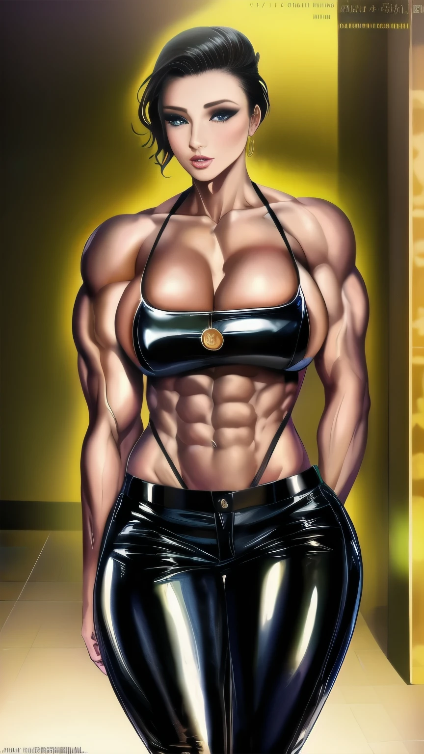 high quality, detailed, Realistic, (25 years old tanned shemale body builder), (strong muscle legs), (detailed black eyes), (black Ponytail:1.2), (muscle), (muscular chest), (tanned dark brown skin), dungeon, (black tiny thong), (bulge:1.2), (detailed puffy nipples), (detailed areola:1.4), best quality, 4k, 8k, highres,masterpiece:1.2),ultra-detailed,(realistic,photorealistic,photo-realistic),evil smirk, face close up,--no watch, 