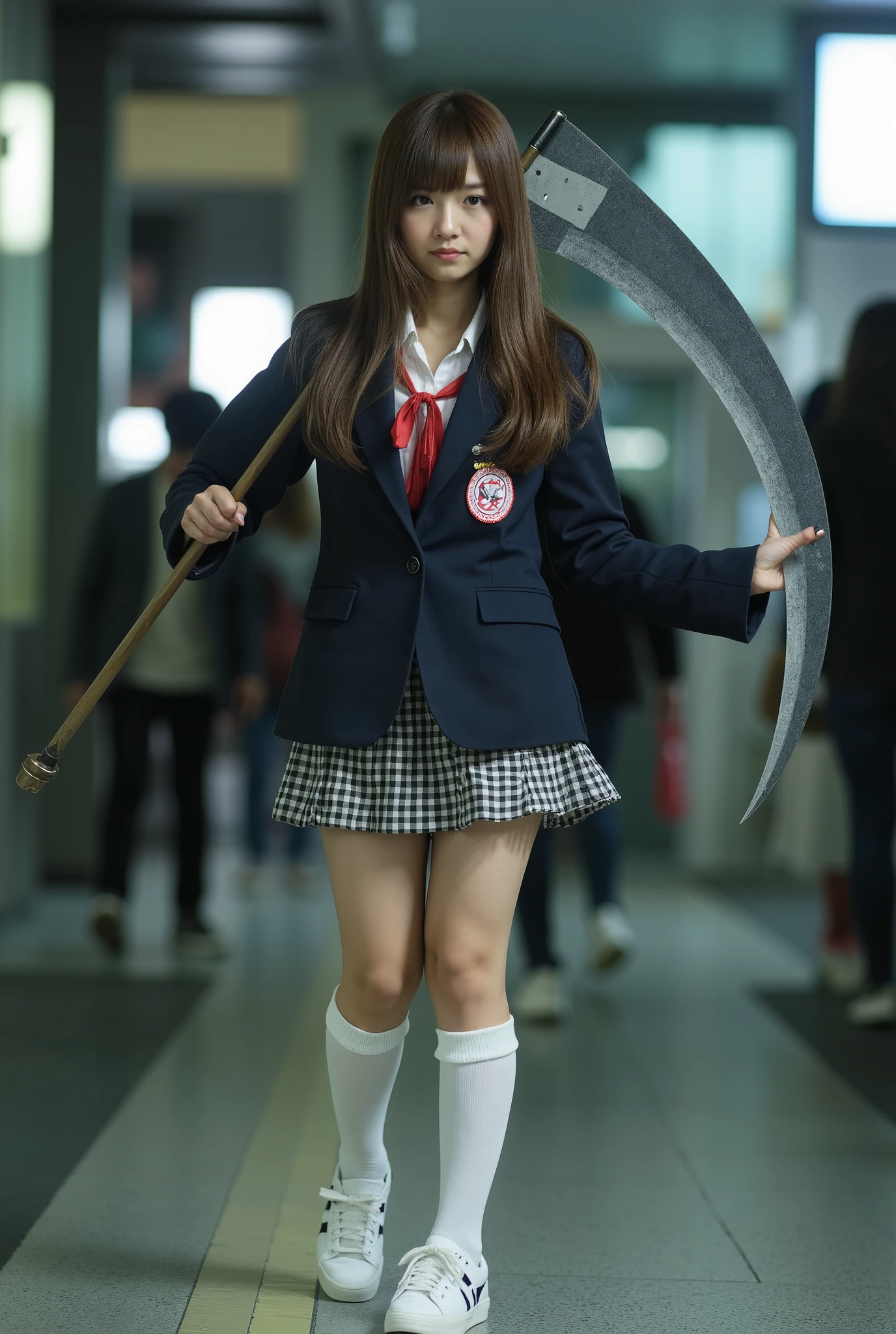 Ultra-realistic, Wide Shot, 1. Female, Japanese , Straight Long Hair, Big, sharp eyes shining brightly, Long eyelashes, A navy blue blazer with a red ribbon tie over a white dress shirt, Checked mini skirt, Tokyo Metropolitan High School Uniforms、White calf socks and white sneakers, A large scythe is the weapon of choice、He has a big scythe like the Grim Reaper, Chiaki Kuriyama, Gogo Yubari, Kill Bill, indoor, Bokeh effect, Depth of written boundary, Ultra-realistic, Professional photography, Cinema Lighting,Round eyes,Fair skin,