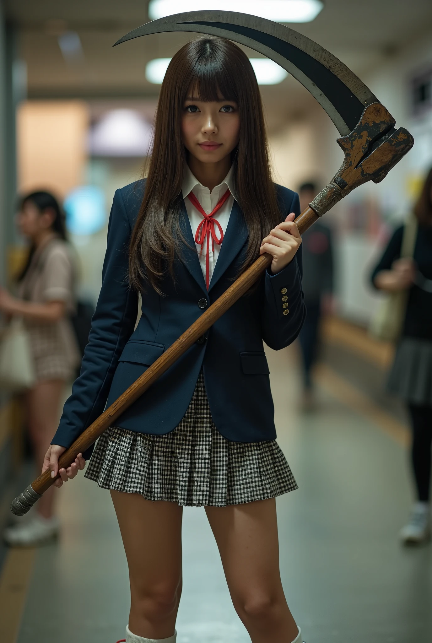 Ultra-realistic, Wide Shot, 1. Female, Japanese , Straight Long Hair, Big, sharp eyes shining brightly, Long eyelashes, A navy blue blazer with a red ribbon tie over a white dress shirt, Checked mini skirt, Tokyo Metropolitan High School Uniforms、White calf socks and white sneakers, A large scythe is the weapon of choice、He has a big scythe like the Grim Reaper, Chiaki Kuriyama, Gogo Yubari, Kill Bill, indoor, Bokeh effect, Depth of written boundary, Ultra-realistic, Professional photography, Cinema Lighting,Round eyes,Fair skin,