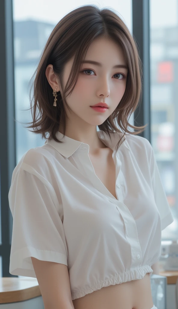 (masterpiece), (best quality), Ultra-high resolution, Raw photo, A photo-realistic, ((Looking outside by the window on a rainy day)), super cute woman, 1girl, (perfect face:1.2), (beautiful face:1.2), (((white hair))), pixie hair, (upper body:1.3), light smile, (looking out the window:1.4), pose, sheer shirt, indoors, morning time, intricate, depth of field, cinematic lighting, coffee,
