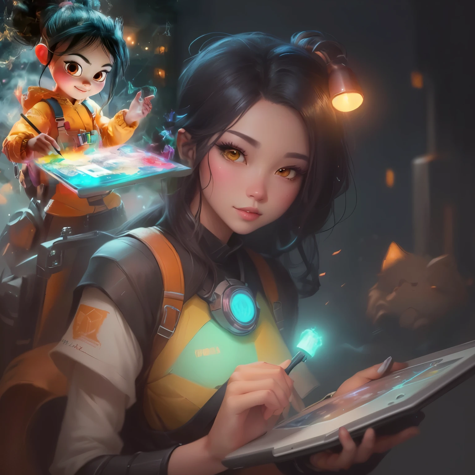 (Masterpiece), (Excellent), (Super Meticulous), (Full Body: 1.2), Super Young Woman, Beautiful, Sexy, Bursting, Oriental Face, TV Anchor, Bust Portrait Illustration, Alone, Black Suit, Blue Tie, Silver Glasses, Slightly Chubby Face, Very Clean Face, No Beard, Black Super Short Hair, Black Eyes, Confident Smile, 3c Computer Sub-Products, iPad, iPhone, Digital Painting, 3D Character Design by Mark Claireldon and Pixar and Hayao Miyazaki, The illustration is a high-definition illustration in 4K resolution with very detailed facial features and cartoon-style visuals.