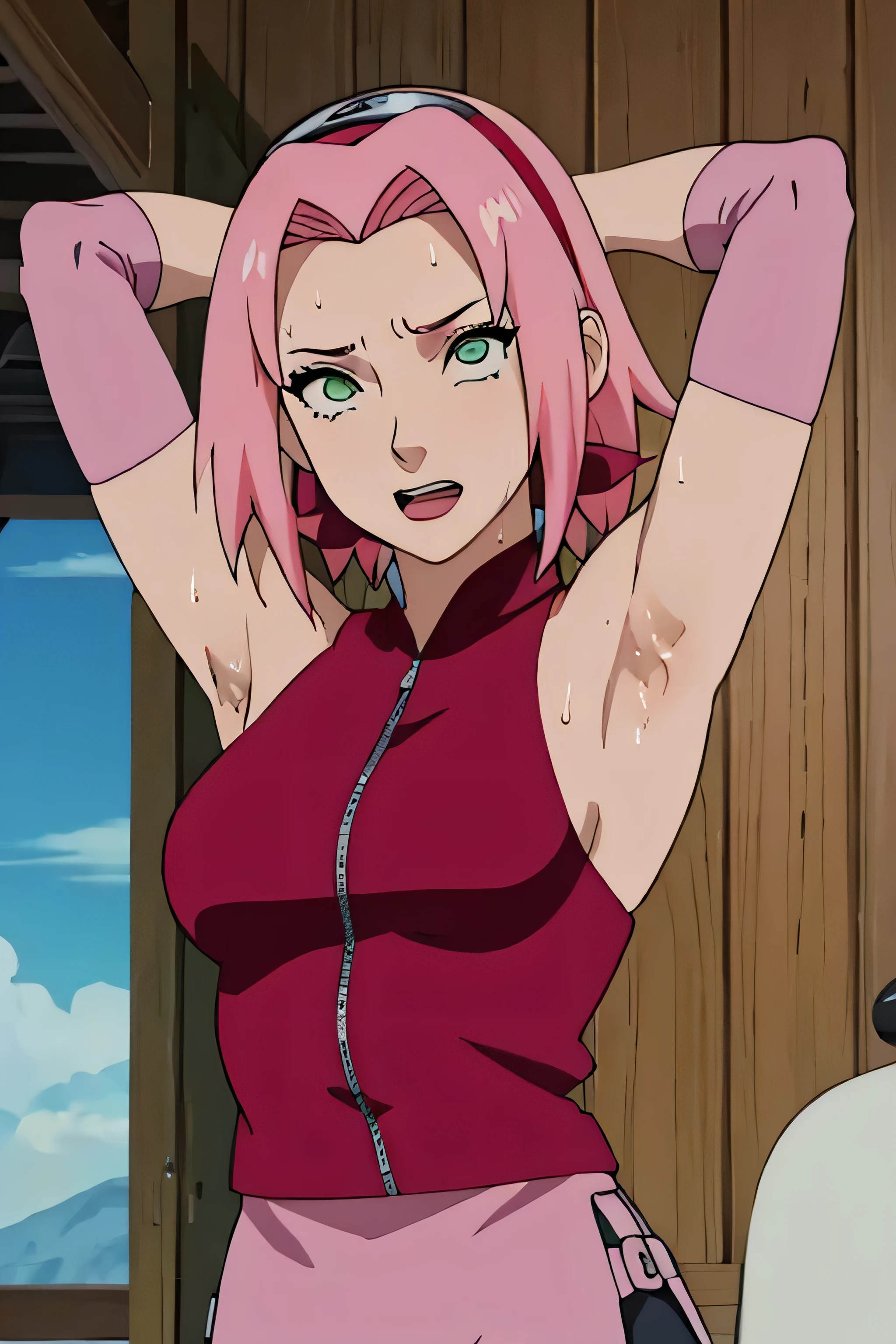 Sakura Haruno,human woman with fair skin.with green eyes and red clothing. Her hair is long and pink in color; She is beautiful. Fair skin.Tsundere face. Pink eye shading,mature appearance,armpits,sweat,sweaty,sweaty armpits,arms up,showing armpits,awesome armpits,outfit,blackish red arm warmers,maroon arm bands,maroon arm warmers,tongue