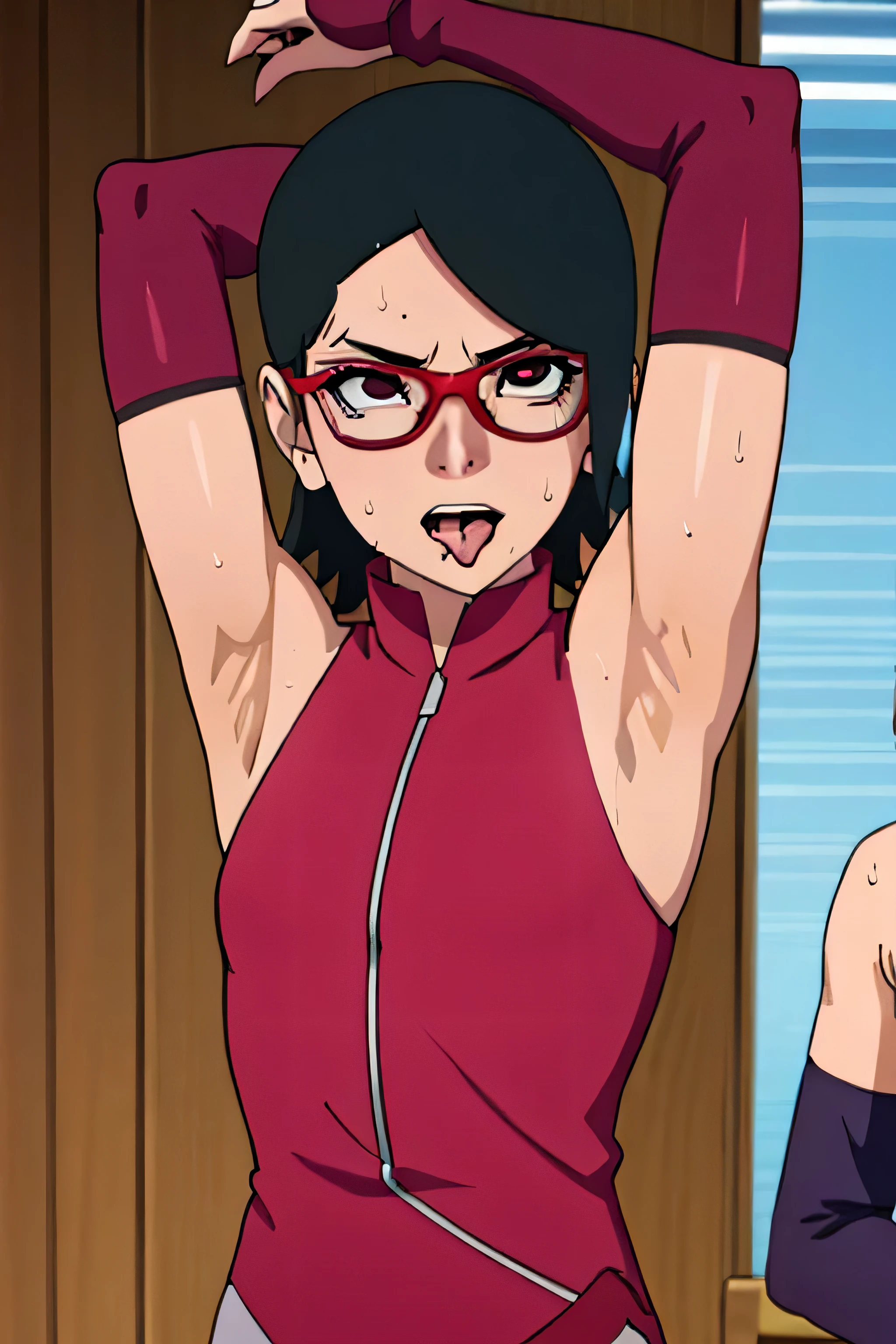 Sarada Uchiha,human woman with fair skin. She is a r with black eyes and red clothing. Her hair is black in color; She is beautiful.Wearing red rimmed glasses.Tsundere face. Pink eye shading,mature appearance,armpits,sweat,sweaty,sweaty armpits,arms up,showing armpits,awesome armpits,outfit,blackish red arm warmers,maroon arm bands,maroon arm warmers,showing tongue,tongue out