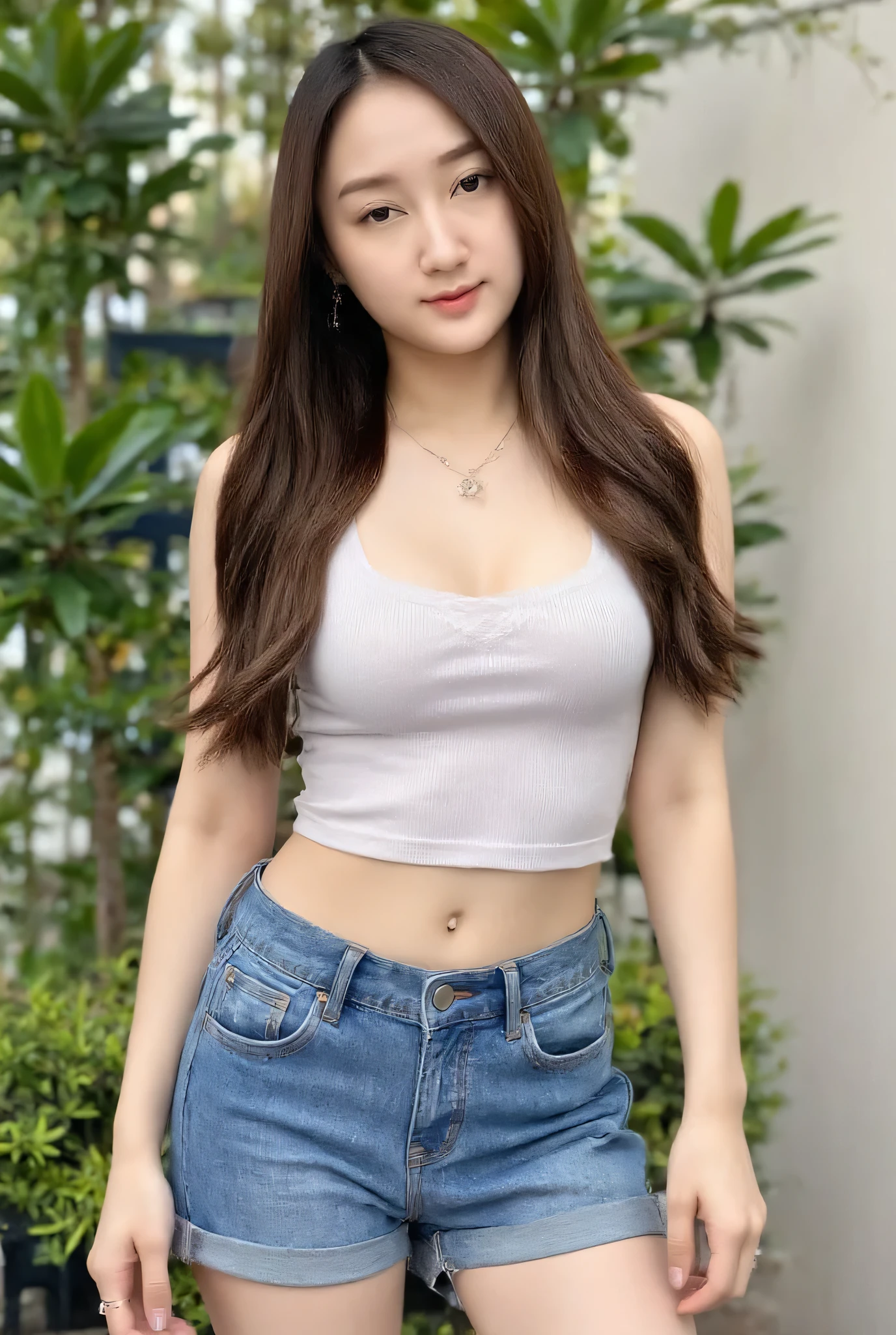 Young asian woman in a white top and blue shorts jeans, a picture inspired by Kim Jeong-hui, tumblr, shin hanga, low cut top, wearing a low cut tanktop, gorgeous young woman, open v chest clothes, white top, heonhwa choe, wearing a sexy cropped top,