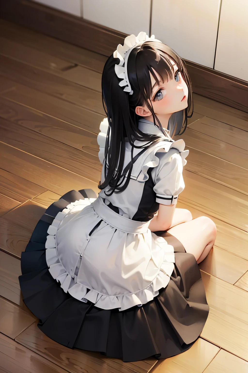 Long black hair , Wearing a maid outfit, Kneel, Feet and five fingers, More meat, Cute 2D, background backlightHD  