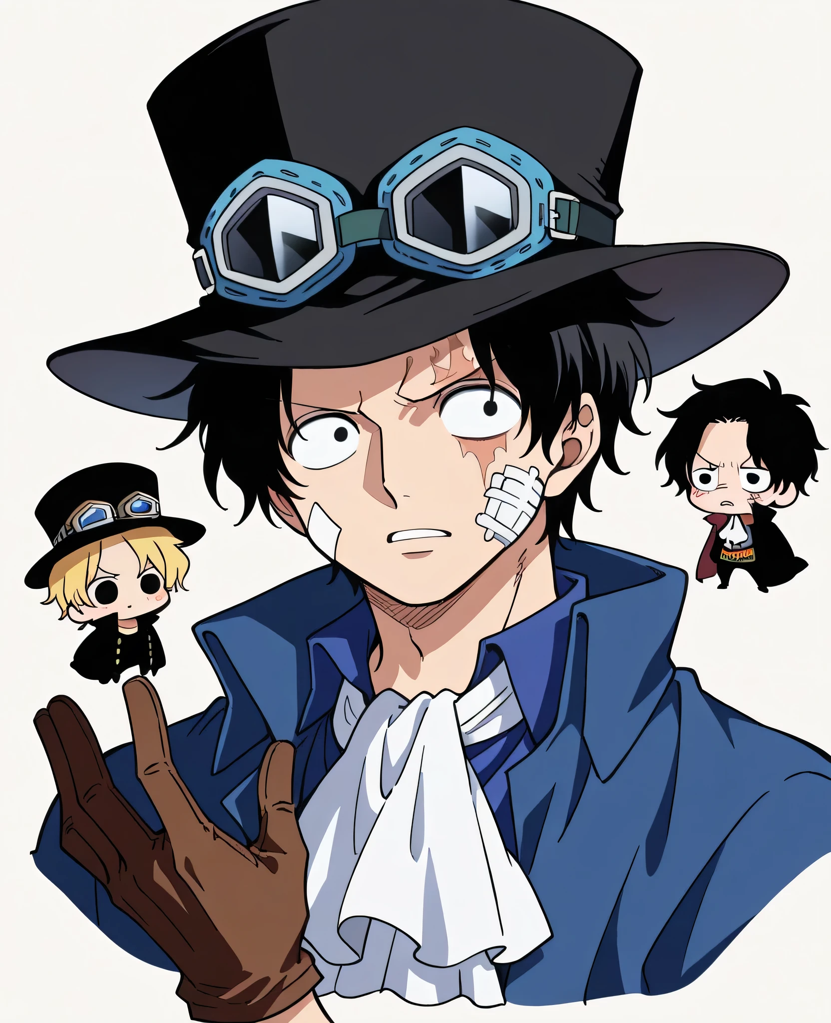 (chibi),sabo_one_piece, black hair, black eyes, short hair, scar across eye,bandaid on face,goggles on headwear, top hat,brown gloves, black headwear, white ascot, coat, blue shir,